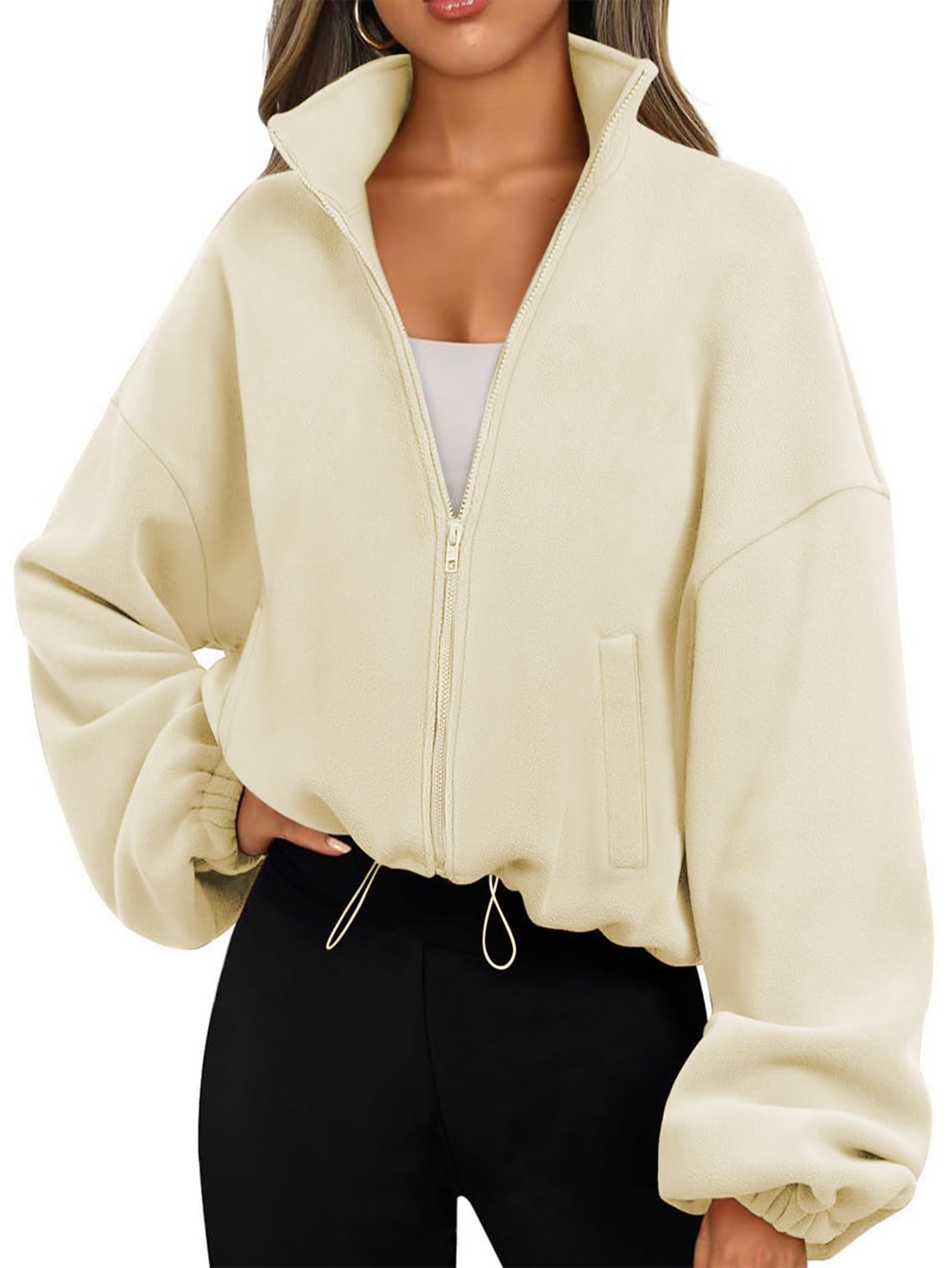 Famulily Damen Drawstring Saum Langarm Crop Sweatshirt Tops Full Zip Fleece Kurze Jacke mit Taschen S bis XL