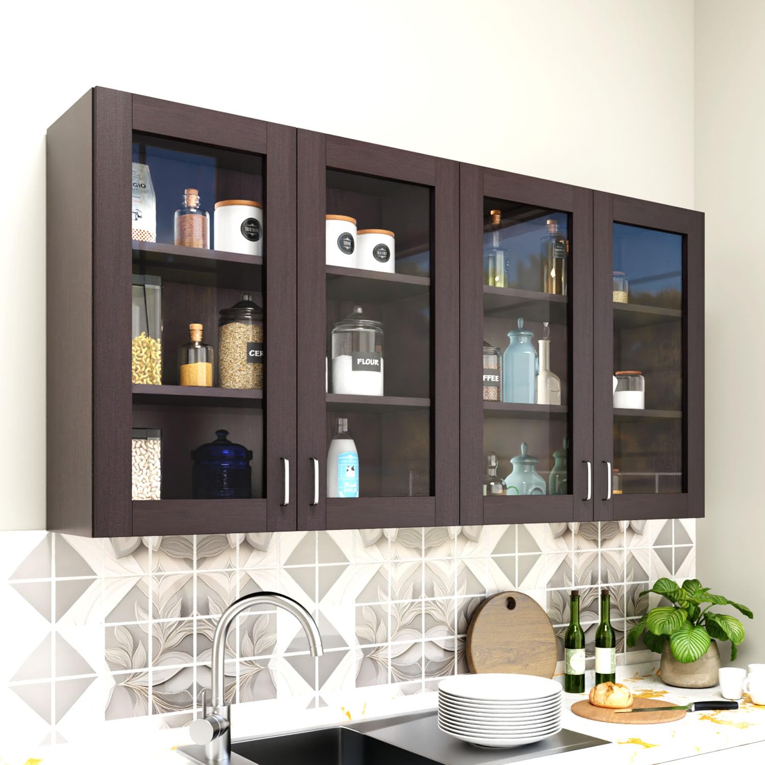 VIKI Furniture | Modular Kitchen Wall Cabinet – 4 Glass Door Cabinet | Space Saving Rack for Spices | DIY Home Storage Cupboard(Dark Wenge – 30D x 160W x 80H cm) | 1 Year Warranty