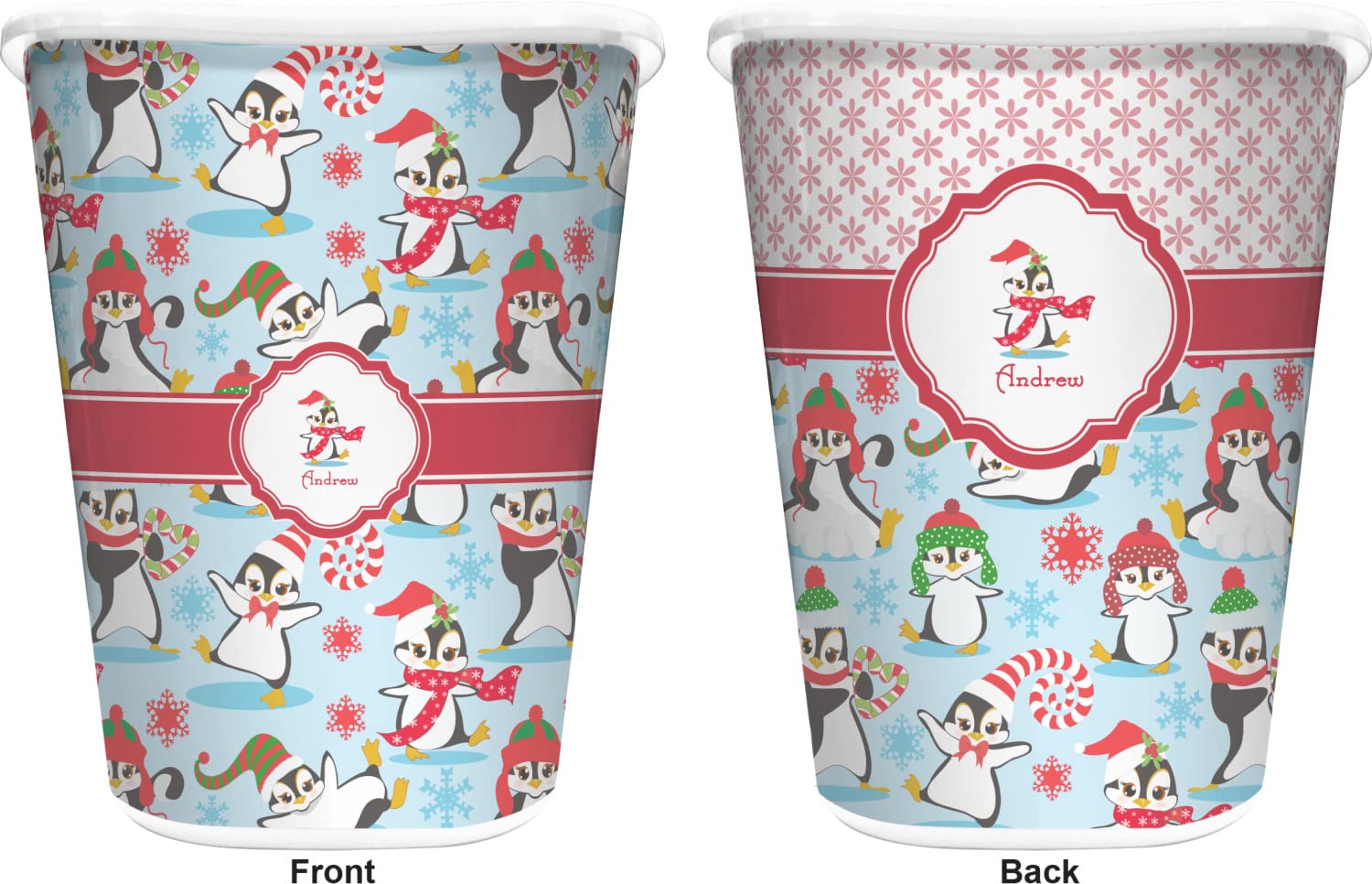 RNK Shops Personalized Christmas Penguins Waste Basket - Double Sided (White)