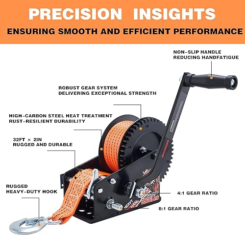 Miniatura 18 de OPENROAD Cabrestante para remolque de barco de 3500 libras, correa verde de 32 pies, cabrestante de mano resistente con trinquete de 2 vías 4:1/8:1