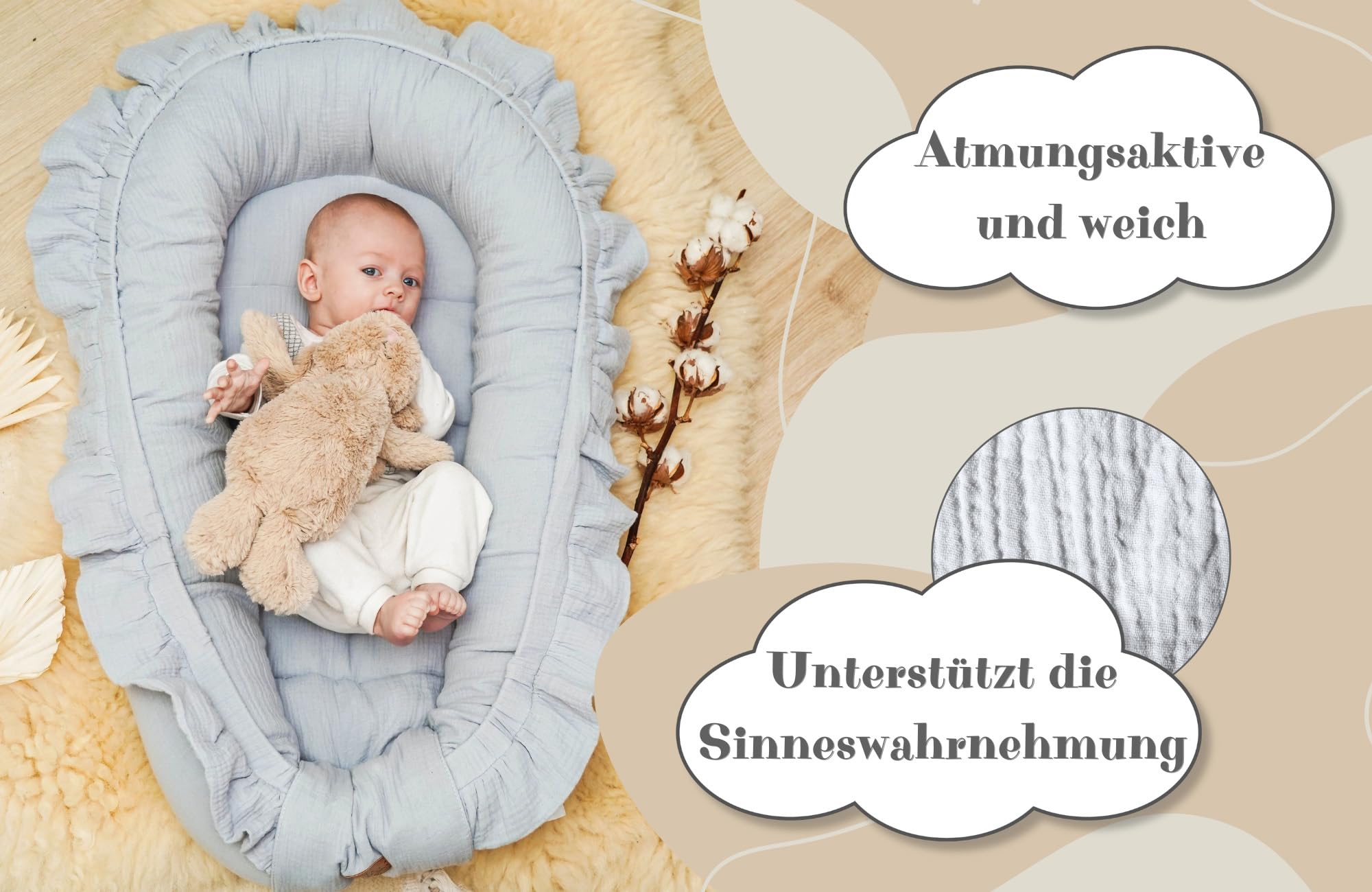 Riduttore lettino neonato - 90x50 cm baby nest trasportabile per neonati nido culla pod cocoonababy babynest antisoffoco Grigio Mussola B