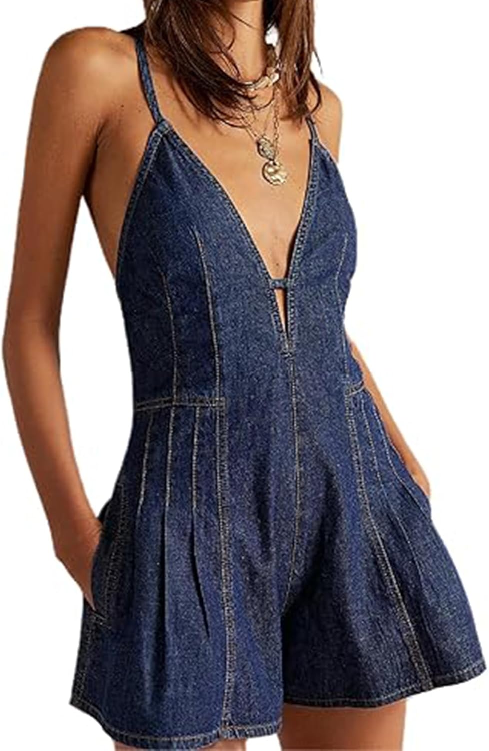 Women Denim Shorts Overalls Sleeveless Spaghetti Strap V Neck Backless Tie-Up Shorts Jumpsuit Casual Jean Romper