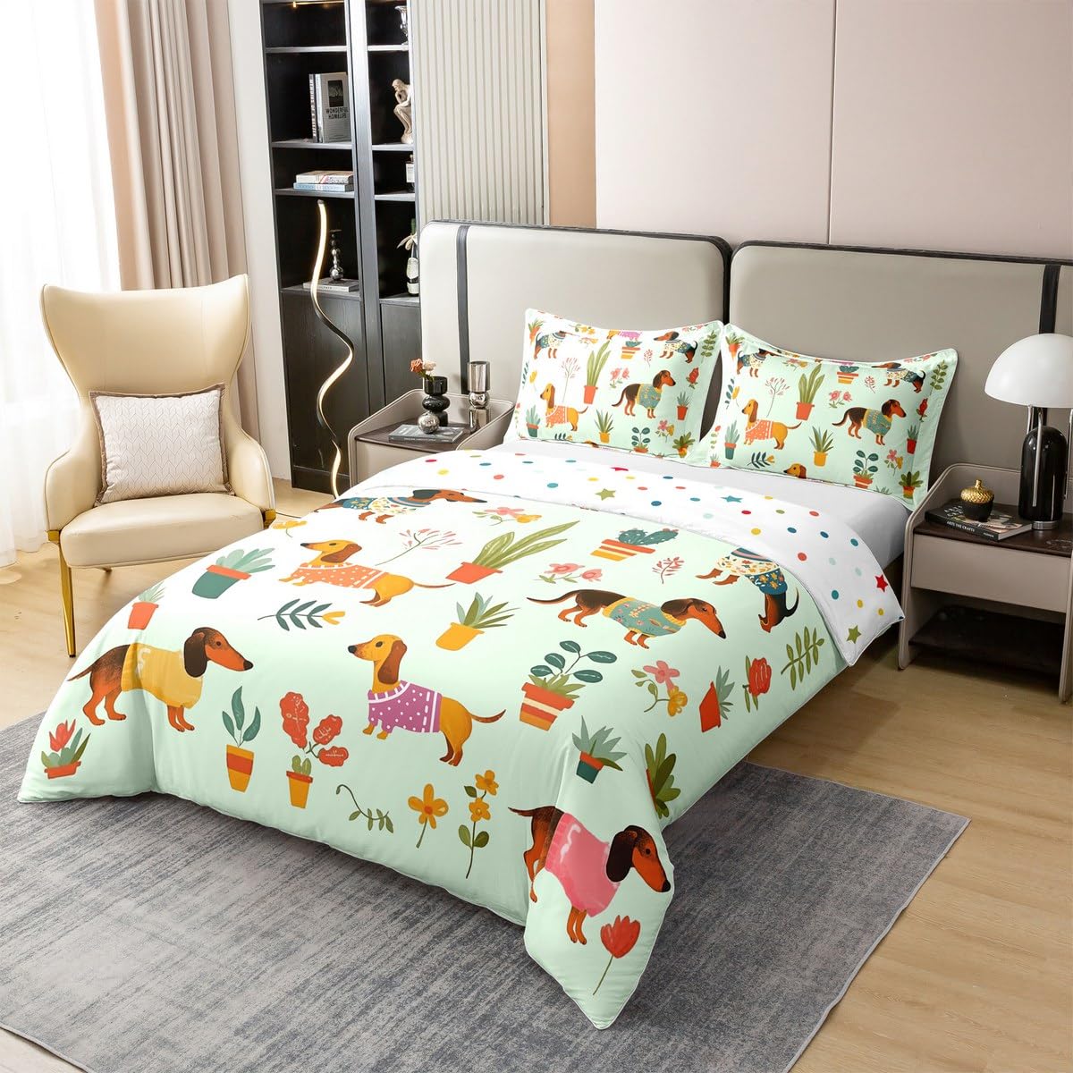 100% Baumwolle Dachshund Bettbezug 135x200,Grüne Wurst Hund Tröster Abdeckung, Lebendige Blumen Blumen Bettwäsche Set, Cartoon Welpe Haustier Bettbezug für Schlafzimmer Dekor, Weiche Atmungsaktive