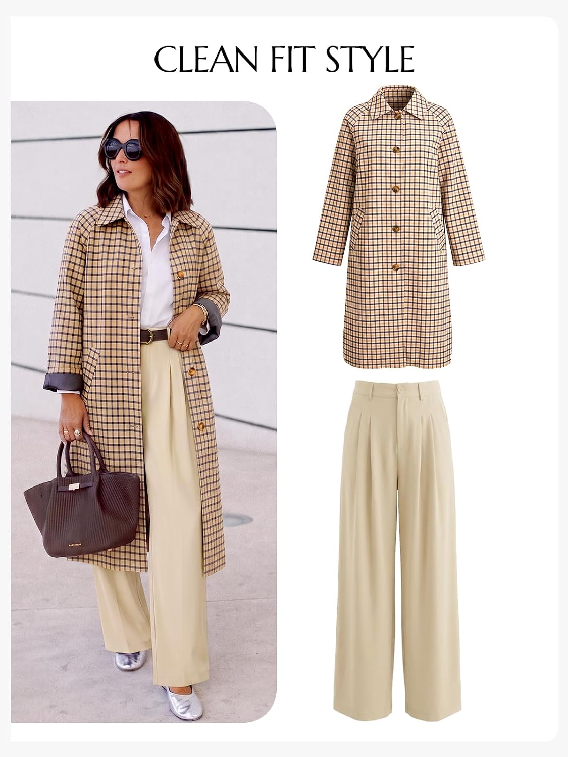Cicy Bell Womens Plaid Trench Coat Fall Lapel Single Breasted Long Jacket