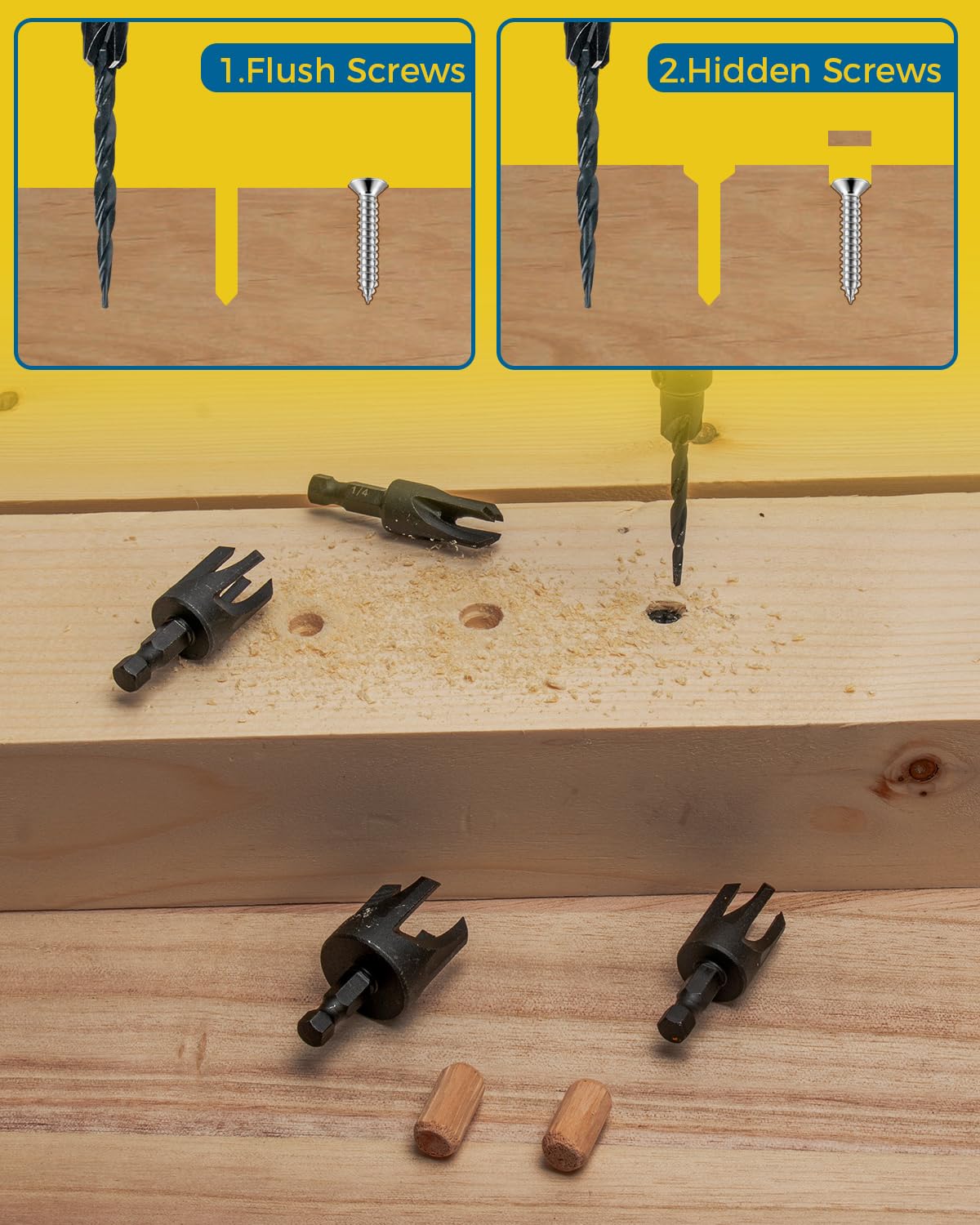16PCS Countersink Drill Bit Set, Adjustable Depth Tapered Drill Bits with 4 Wood Plug Cutters & 1/4" Hex Shank, Counter Sink Drill Bit for Wood with Storage Box