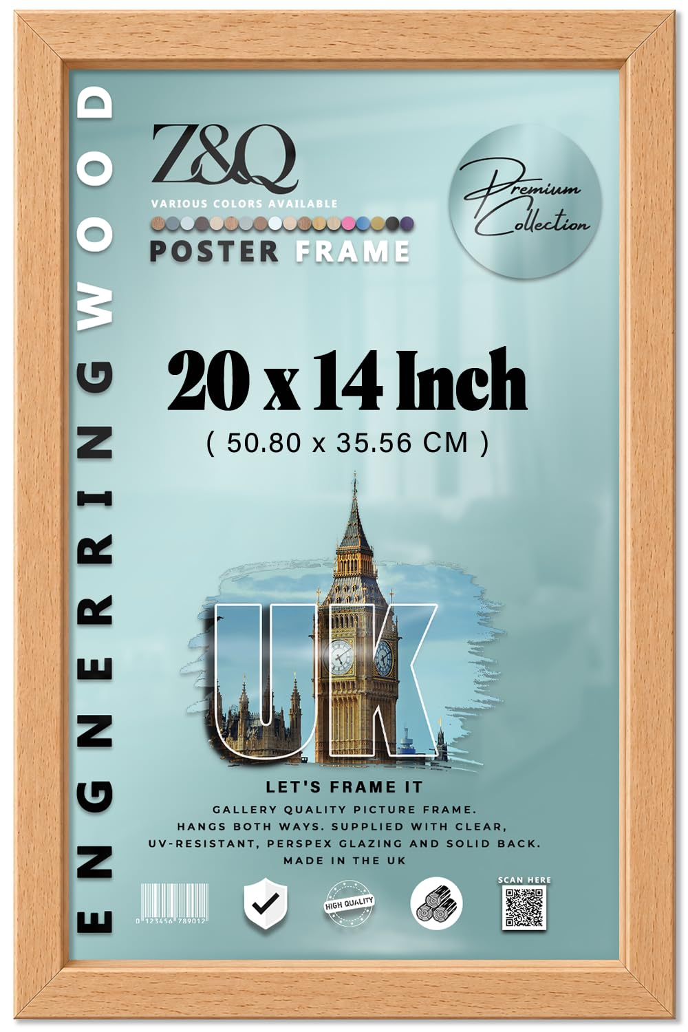 Z&Q — Contemporary 20 X 14 Inch Medium Beech Profile With Perspex Front | Gallery Ready Wall And Table Display With Hanging Fittings And Protective Backing, With Mounting Kit — 50.80 X 35.56 CM