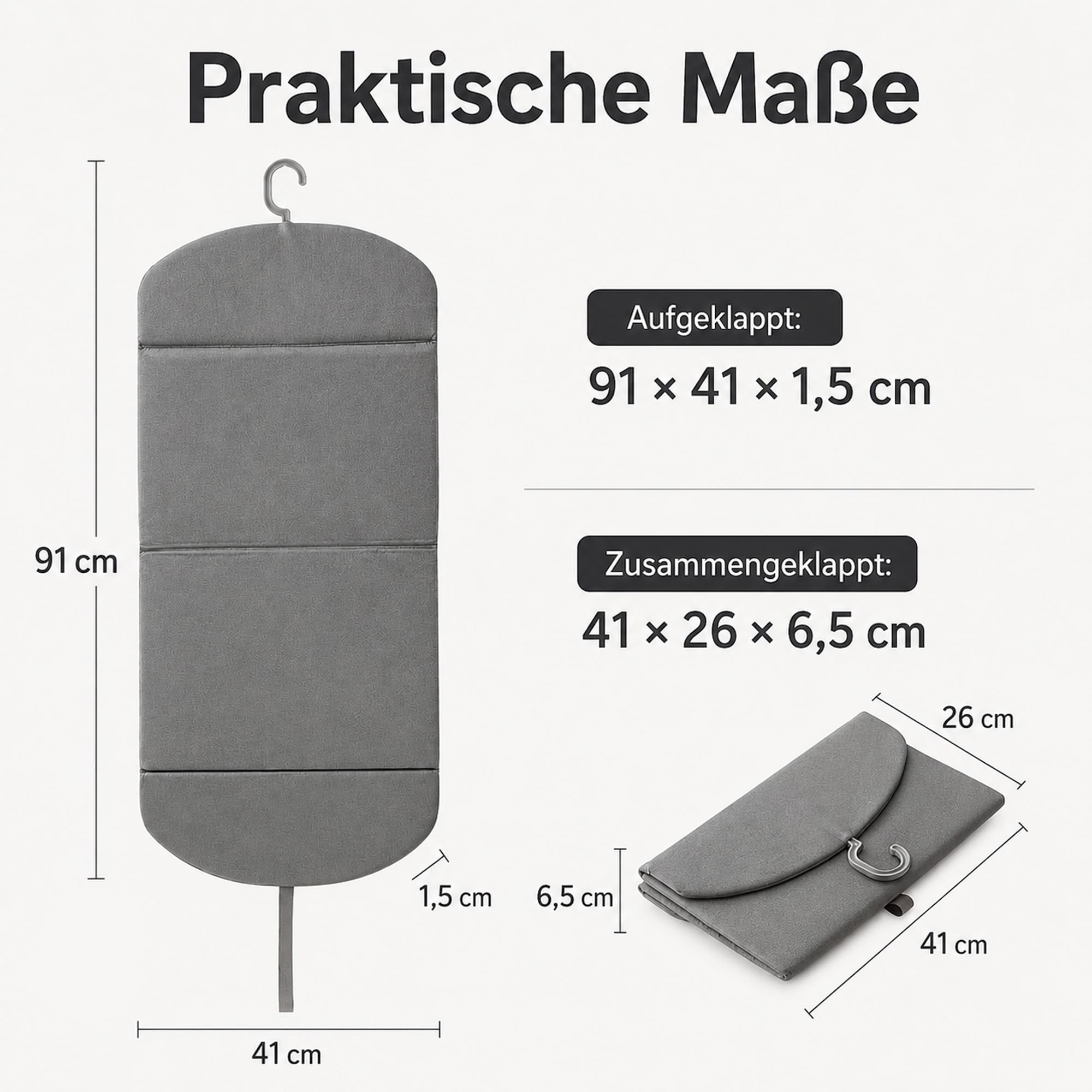 Faltbares Dampfbrett für Steamer und Dampfglätter, Hitzebeständiges Hänge-Bügelbrett für Kleidung, 360° Drehbarer Haken, Platzsparendes Bügelpad für Zuhause und Reise (91x41 cm, Grau)