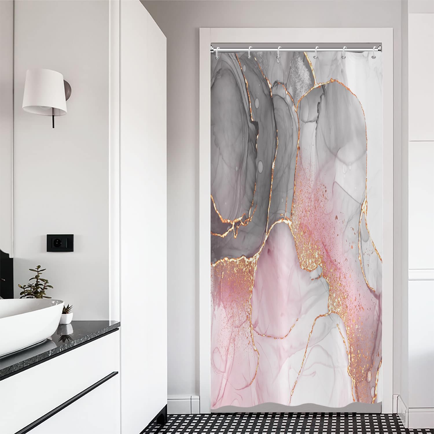 ASDCXZ Marble Shower Curtain 90x180 cm, Modern Abstract Grey White Rose Gold Marble Optic Texture Colorful Washable Shower Curtains Polyester Textile Waterproof Curtain for Bathtub with 6 Hooks