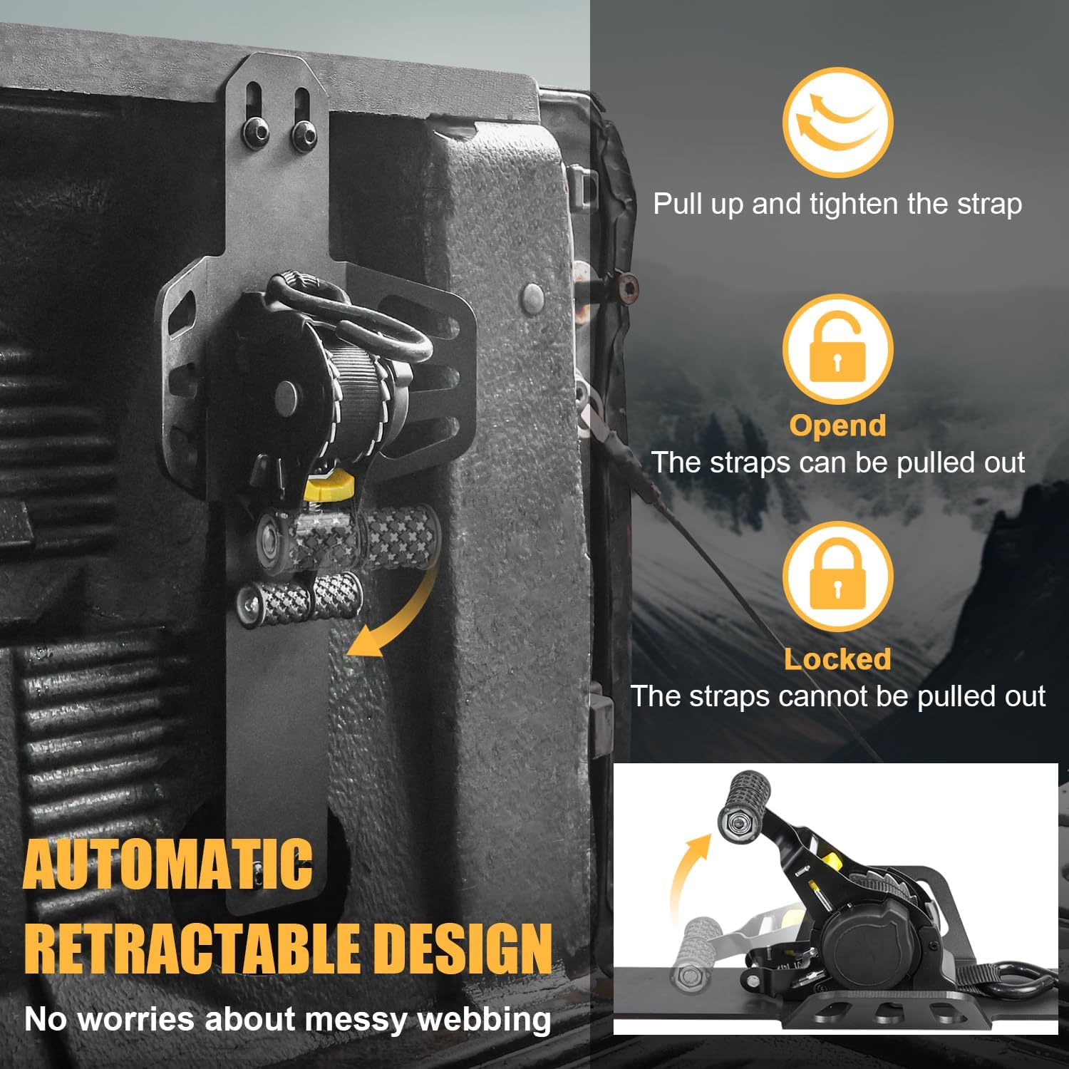 Retractable Ratchet Tie Down Straps Compatible with for 2009-2018 Dodge Ram 1500 Truck Cargo Bed Mounted Tie Down Retractable Ratchet Strap with Safety Lock System Mounting Bracket