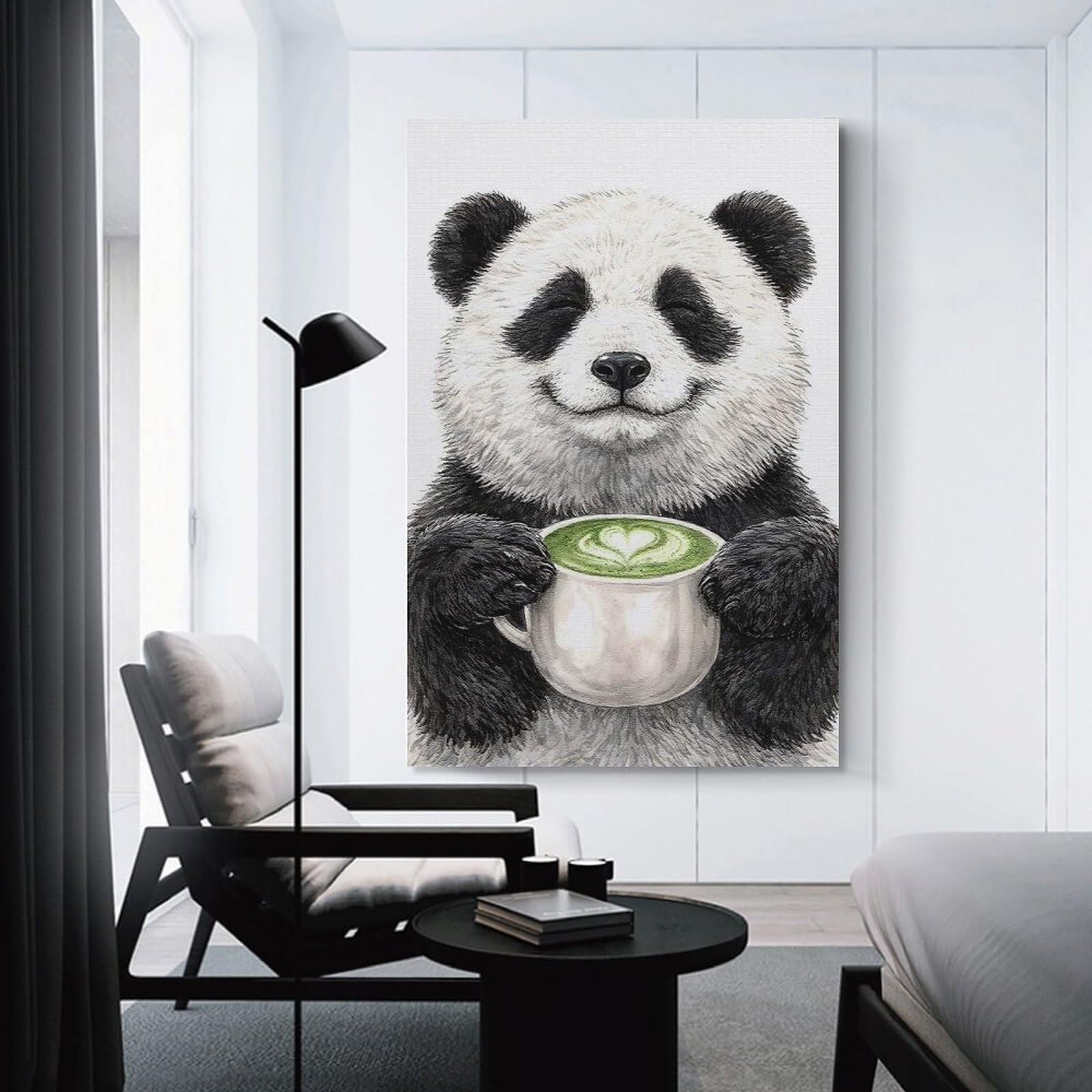Junmoney Panda Holding Matcha Latte Room Decor Wall Art, 20x30inch(50x75cm), for Front Hall, Corridor Or Welcome Spaces, A Neat Decor Update for Hallways