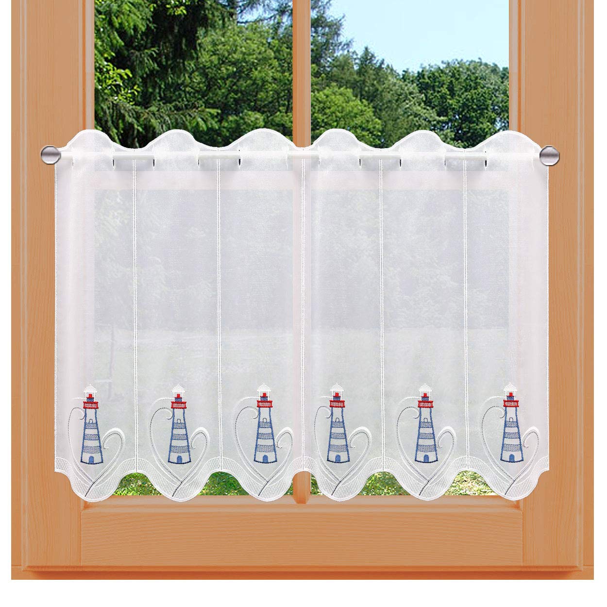 Maritime Scheibengardine Leuchturm mit Urlaubsmotiv Echte Vogtländischer Spitze Badgardine 30 x 160 cm