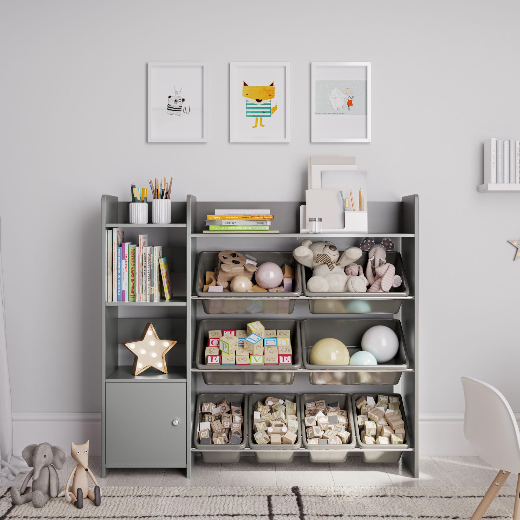 SturdisKids Toy Storage Organizer with Shelf and Gray Bins – Perfect Solution - Your Will Have Fun You be Free from Messes!