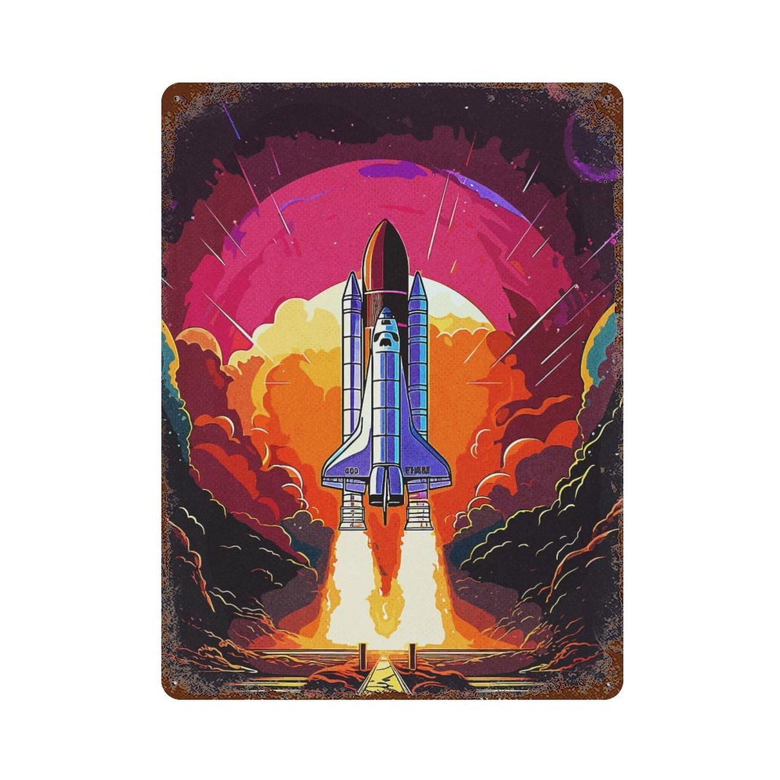Rust Effect Rocket Space Rusty Metal Tin Sign 15.7"x11.8", Industrial Home Decor for Living Room, Hallway And Home Decor