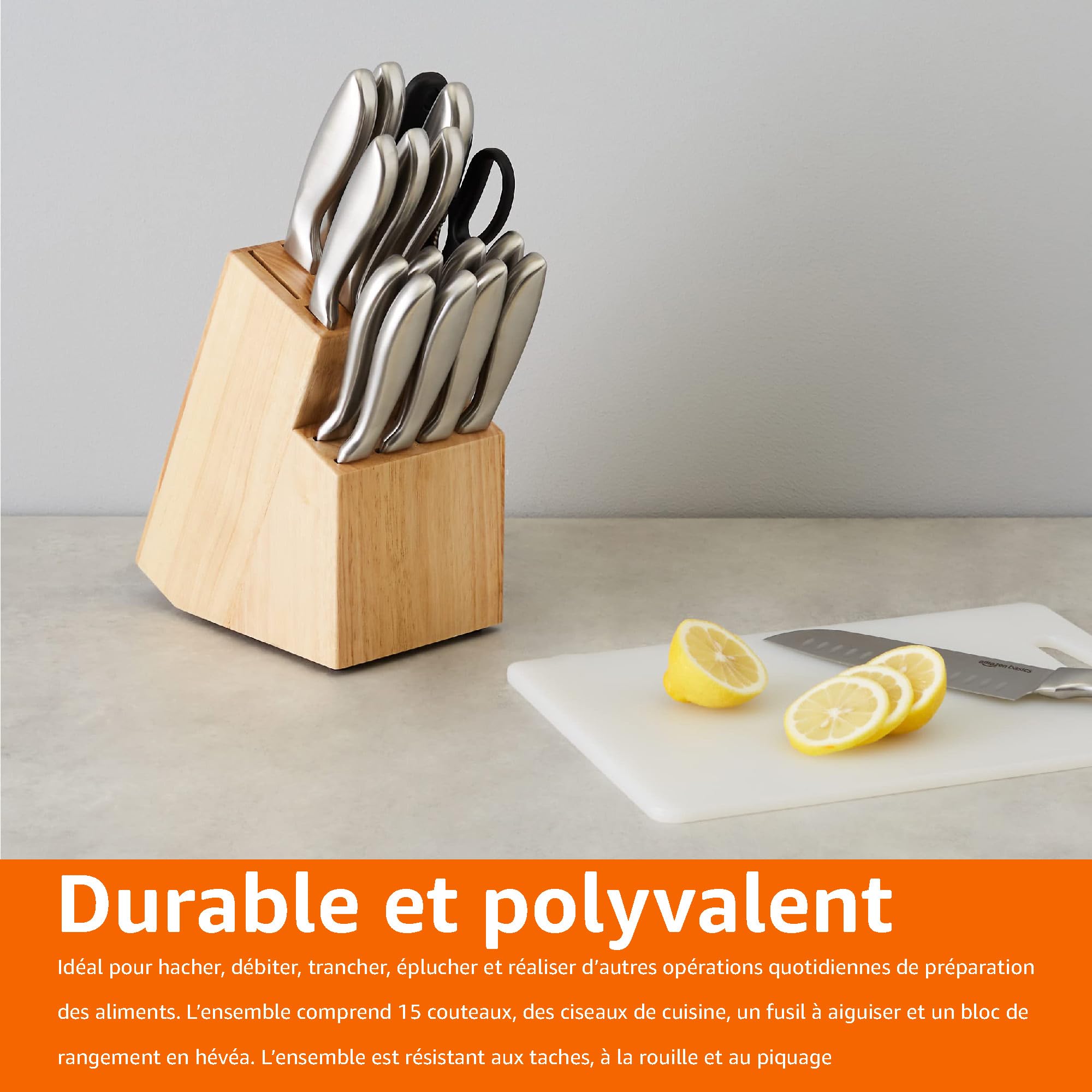 Amazon Basics Ensemble de couteaux 18 pièces à poignée confortable en acier inoxydable avec bloc de rangement