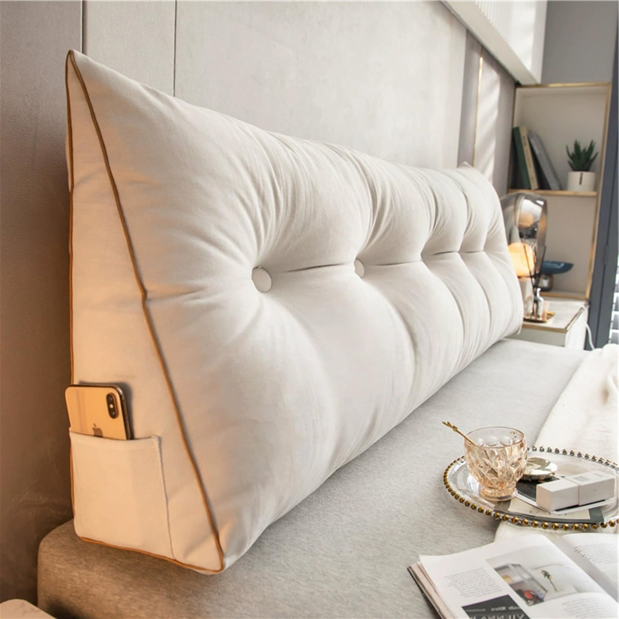 DUOLEH Back Support Cushion with Side Pocket, Wedge Pillow for Bed, Removable Lumbar Backrest, Headboard Bolster Support Pillow, Triangular Rest Reading Cushion (120x50x20cm,White)