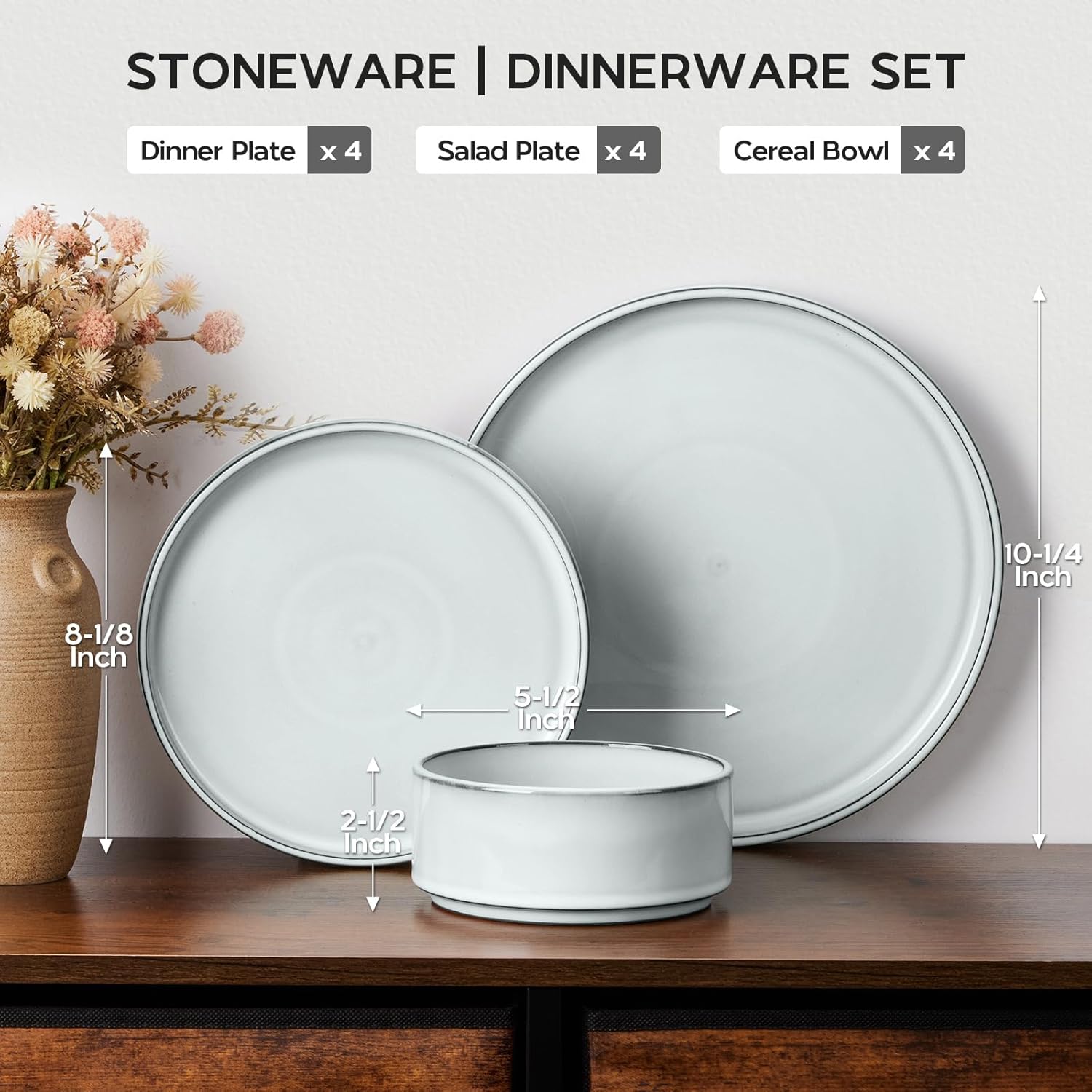 Onader Stoneware Dinnerware Sets, 12 Piece Plates and Bowls Dish Sets for 4, Ceramic Dishware Dining Ware with Rustic Terracotta Bottom - Glacier White - Image 2