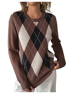 GORGLITTER Womens Argyle Sweater Crew Neck Long Sleeve Knitted Fall Old Money Vintage Pullover Tops