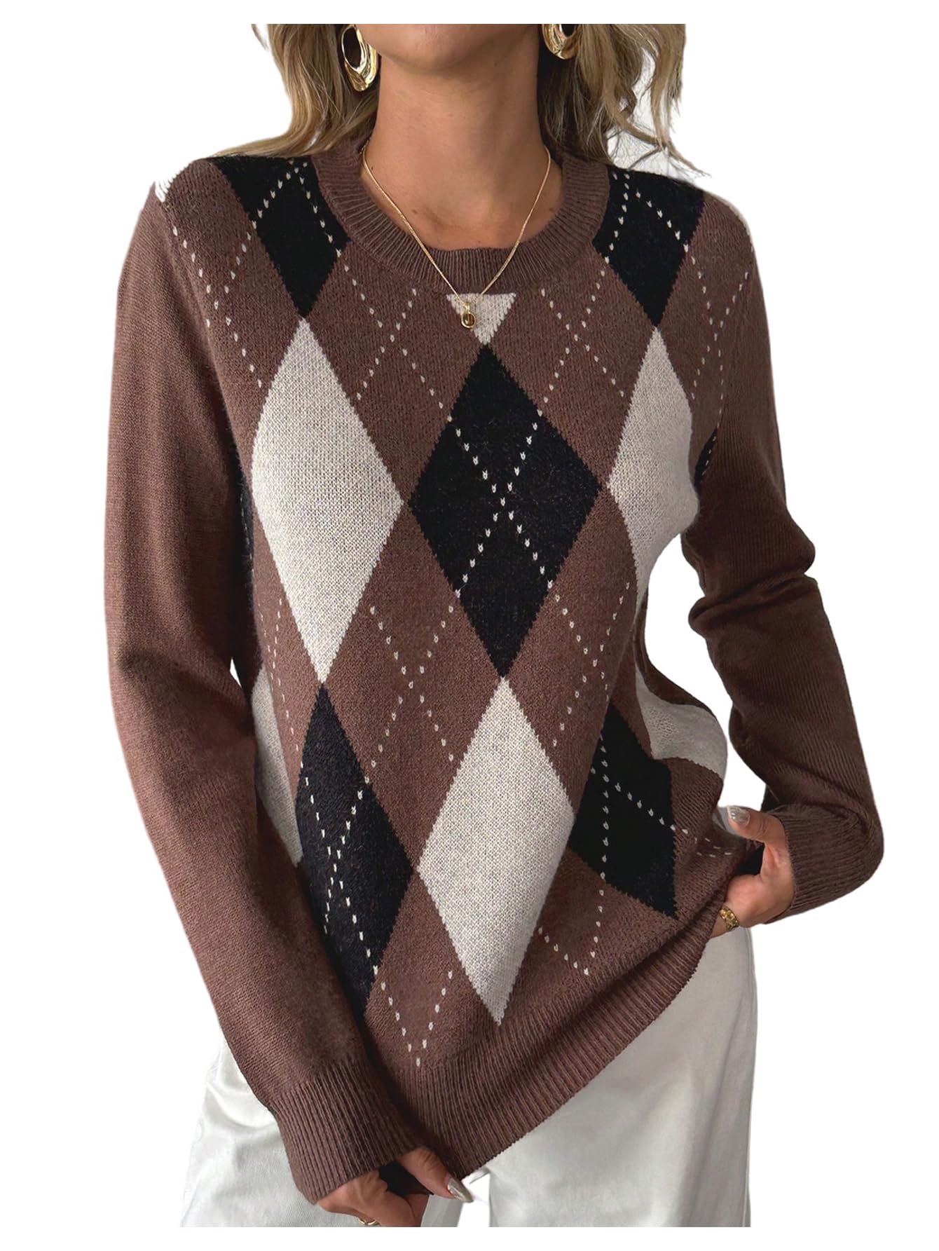 GORGLITTER Womens Argyle Sweater Crew Neck Long Sleeve Knitted Fall Old Money Vintage Pullover Tops
