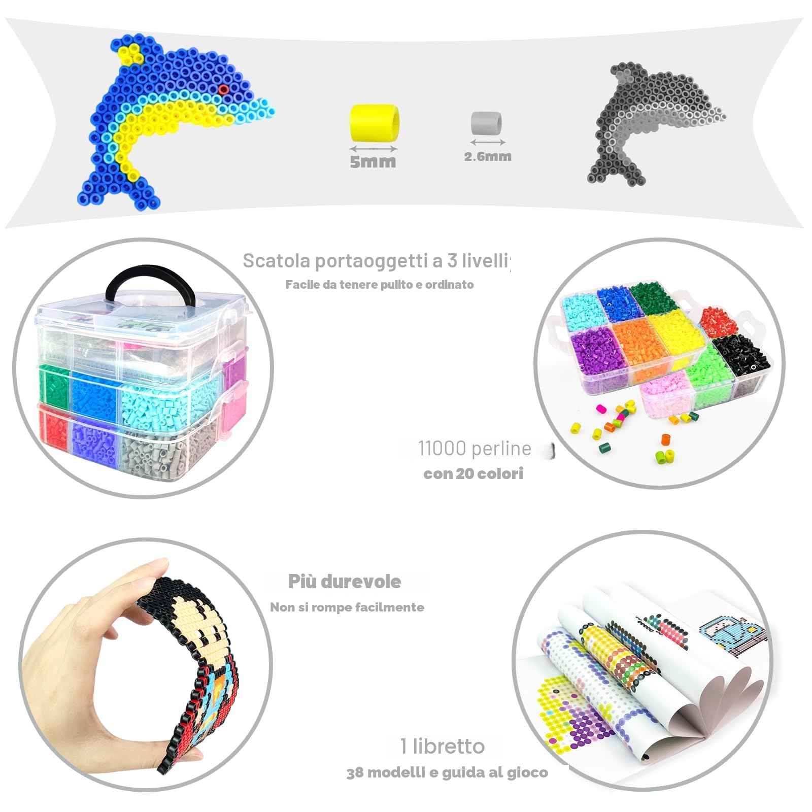 Set Perline da Stirare, 5MM 11000 Pezzi Perline a Fusione con Custodia, Pegboard, Guida Utente, Design gioielli, Decorazioni, Creativo Regali Compleanno Natalizio Fai-da-Te per Bambini (20 Colori)