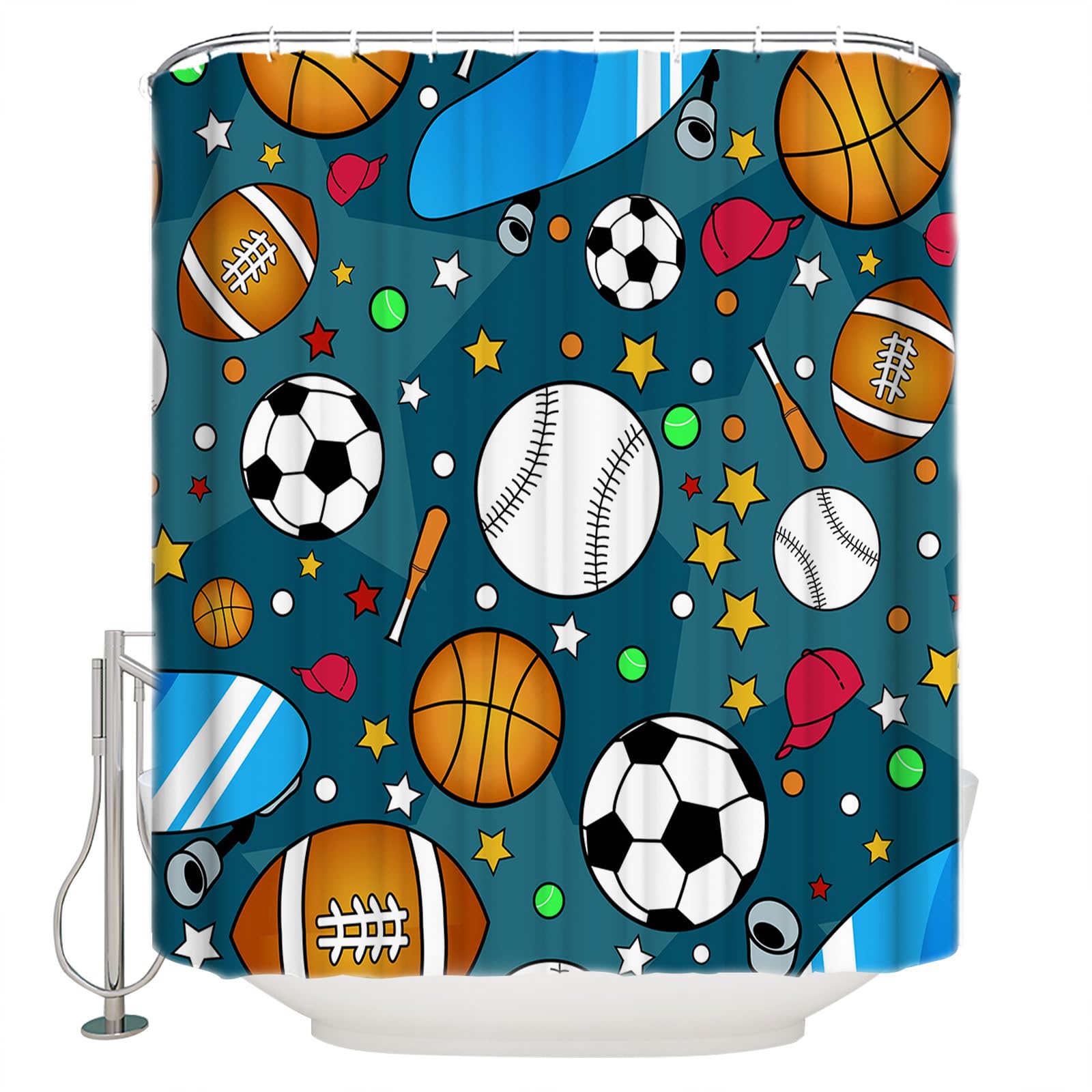 Anzona Sports Waterproof Shower Curtains Set - Standard 60 x 72 Inch, Basketball Football Rugby Skateboard Teal Star Polyester Fabric Bathroom Curtain with 12 Hooks, Bathroom Accessories, 1 Panel