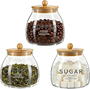 Tea Coffee and Sugar Canisters Set, 3 PCS 650ml Airtight Glass Storage Jars