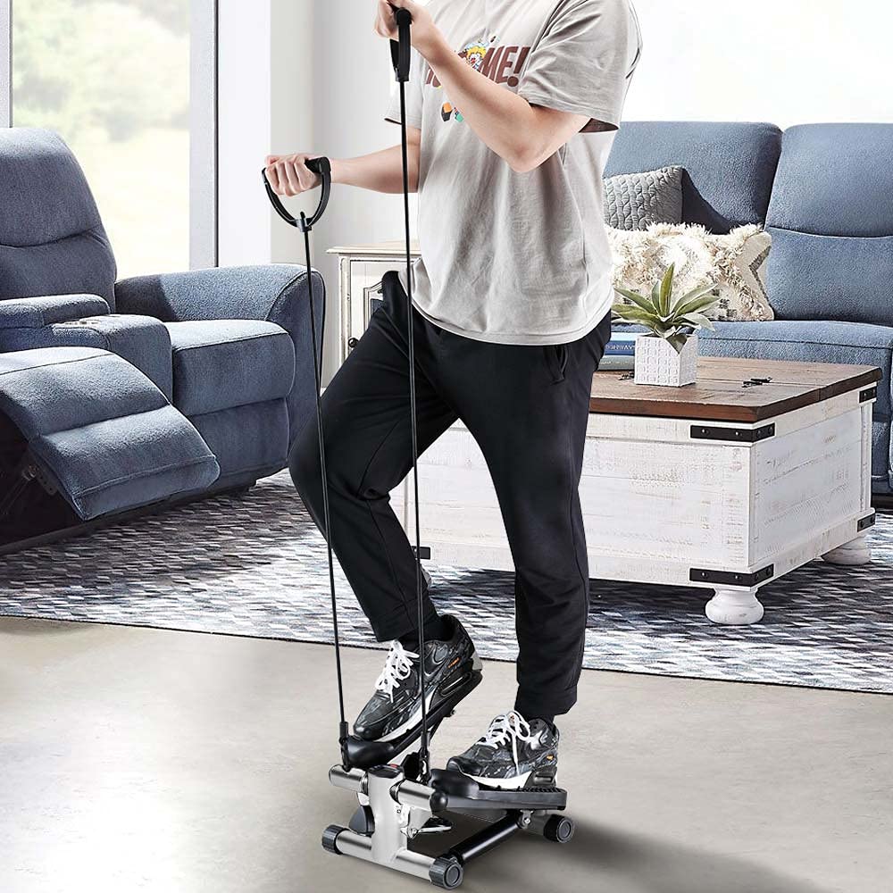 BAKAJI Stepper Entraînement Fitness Cardio Jambes Panches Panches Hanches avec écran LCD Calories Temps et Haltères Elastiques Allenamneté Bras Structure en Acier Inoxydable Pédales Antidérapantes