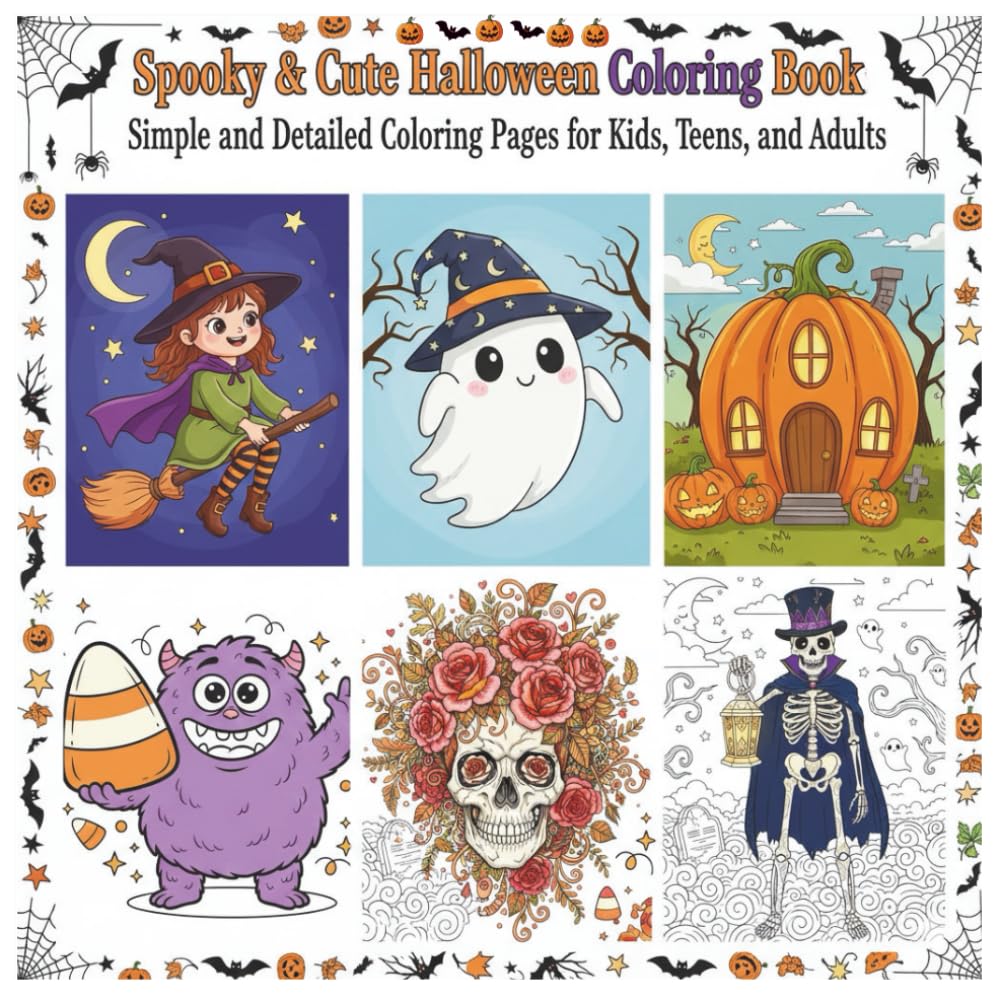 Spooky & Cute Halloween Coloring Book: Simple and Detailed Coloring Pages for Kids, Teens, and Adults