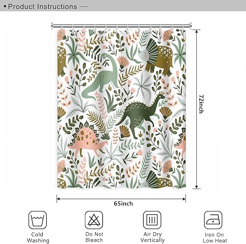 Miniatura 7 de Cortina de ducha con temática de dinosaurio, cortina de ducha de hojas tropicales de dinosaurio verde con ganchos, cortina de ducha de poliéster