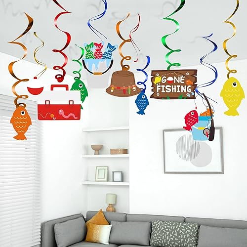Decoraciones de fiesta de pesca de 30 unidades, pancarta de pesca colgante de remolino, serpentinas de techo, pequeño pescador, el grande,