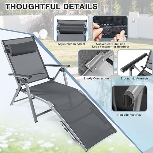 Miniatura 6 de HAPPYGRILL Silla de salón de aluminio para patio con respaldo ajustable de 8 posiciones, reposapiés de 2 posiciones, reposacabezas cómodo, silla