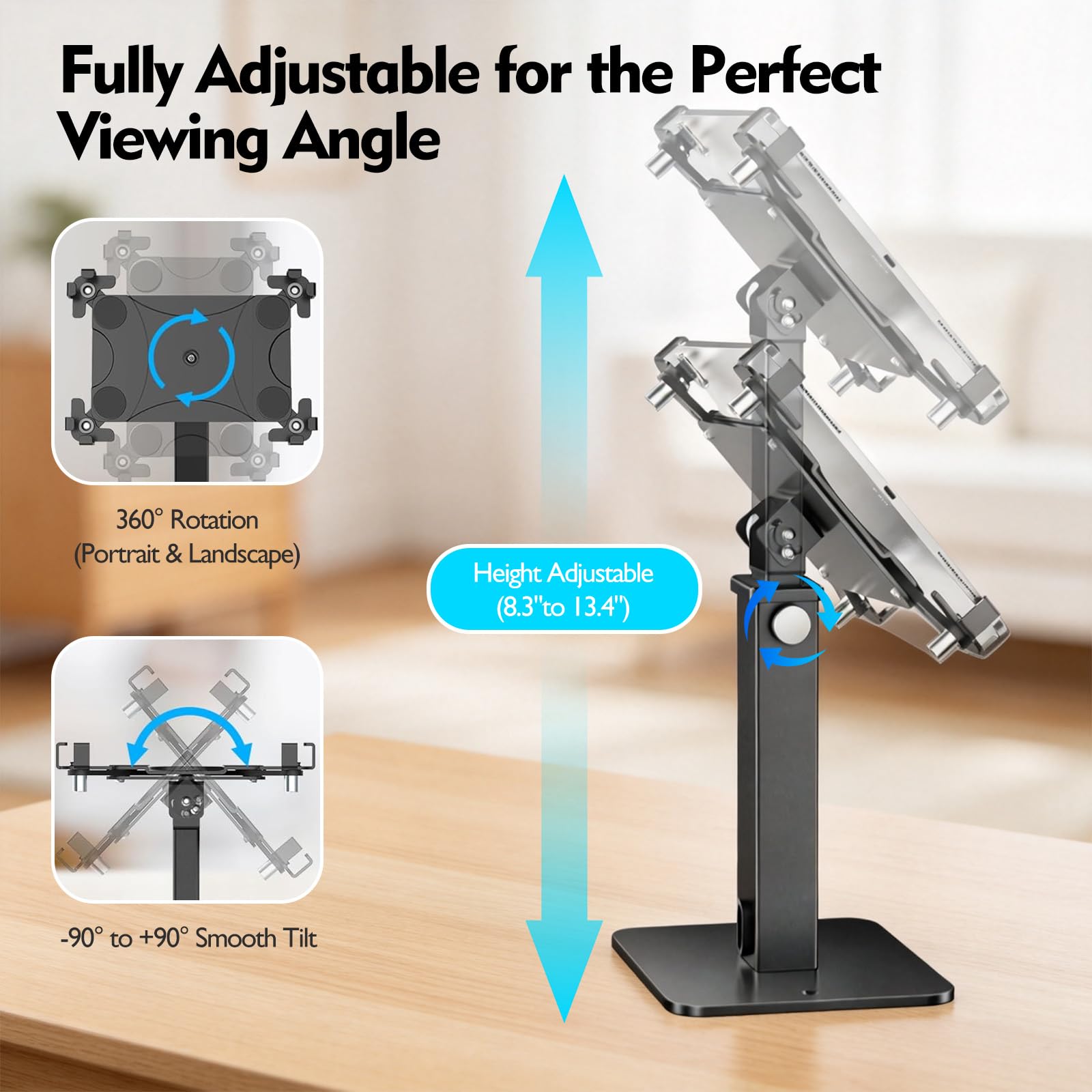 Supporto antifurto per iPad con base resistente, regolabile in altezza a 360°, supporto per tablet POS da scrivania, supporto di sicurezza in alluminio e acciaio, adatto per iPad e tablet da