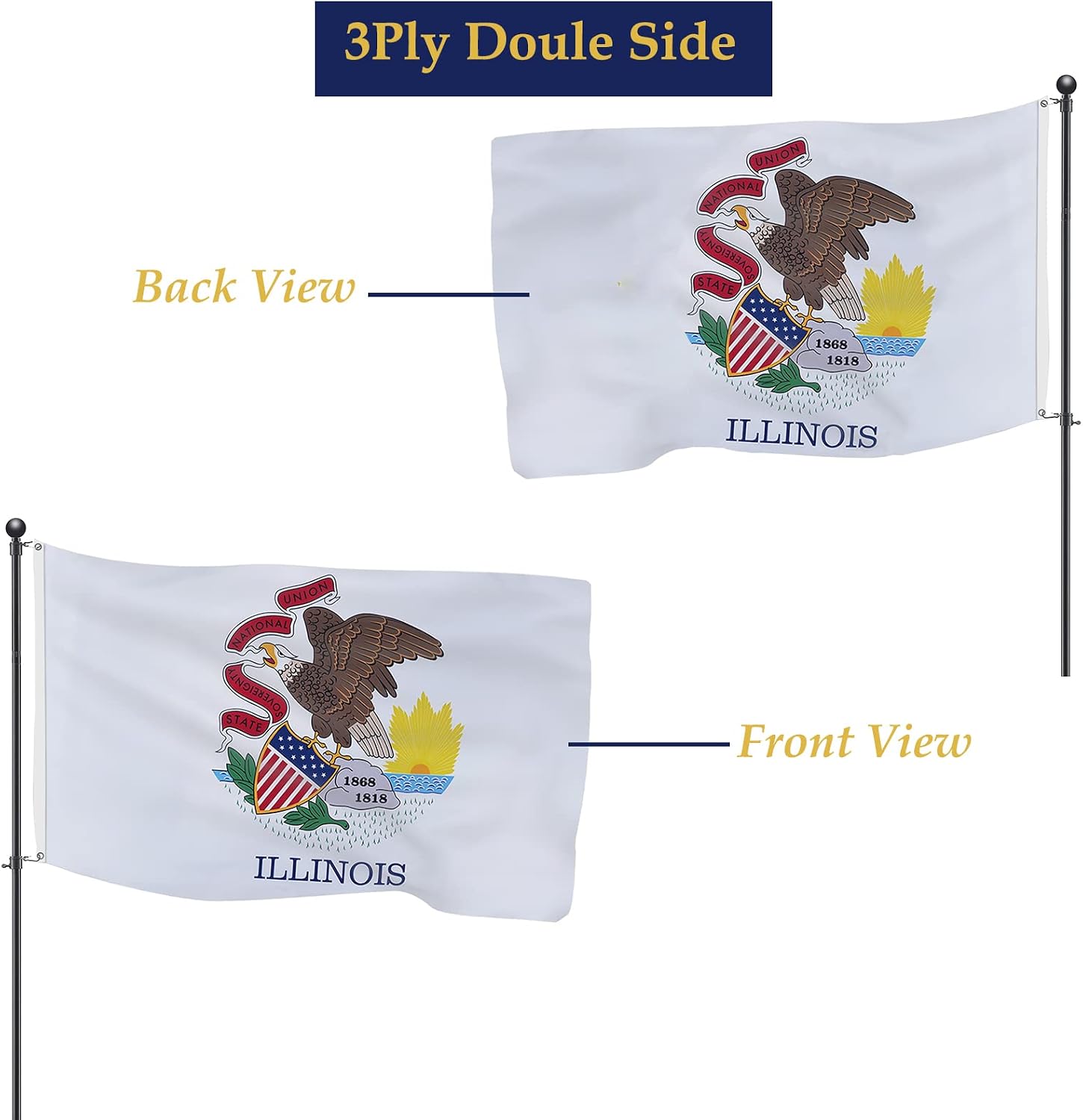 TOPFLAGS Illinois Flag 4x6 Double Side 3Ply IL State Flags Heavy Duty Outdoor 4 Rows Stitched Edge with 2 Brass Grommets