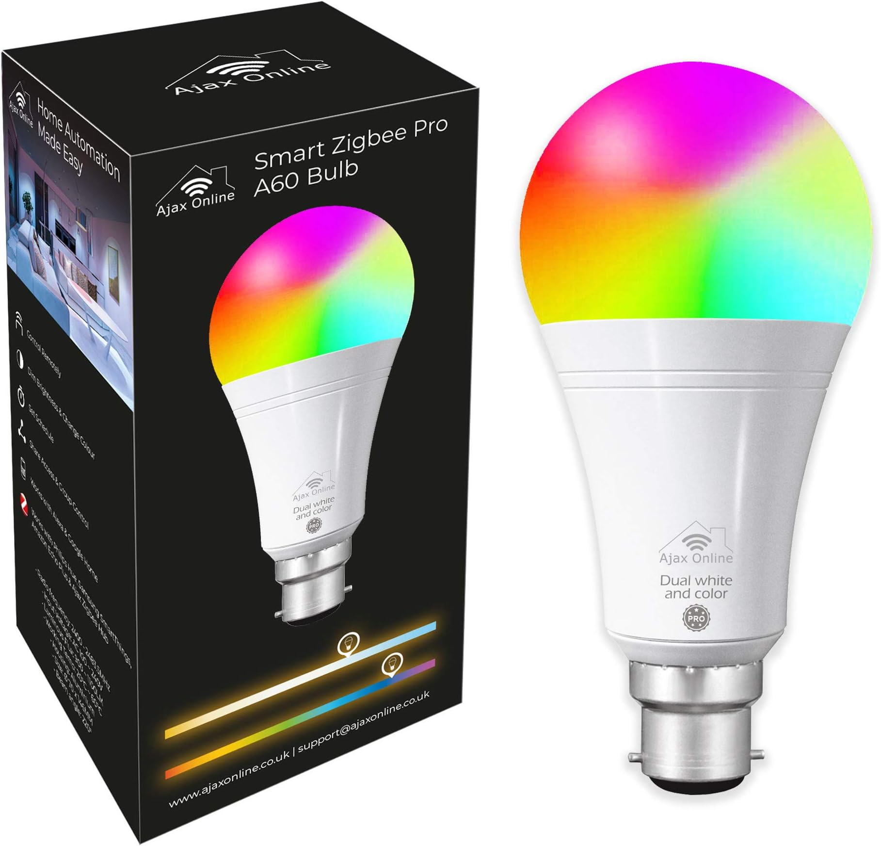 Ajax Online Smart Zigbee Pro A60 LED RGBCW Bulbs - Works with Philips Hue* SmartThings, Alexa & Google Home (Hub Required) Choose up to 16 Million Colours & 1100 Lumens (B22 Bayonet)