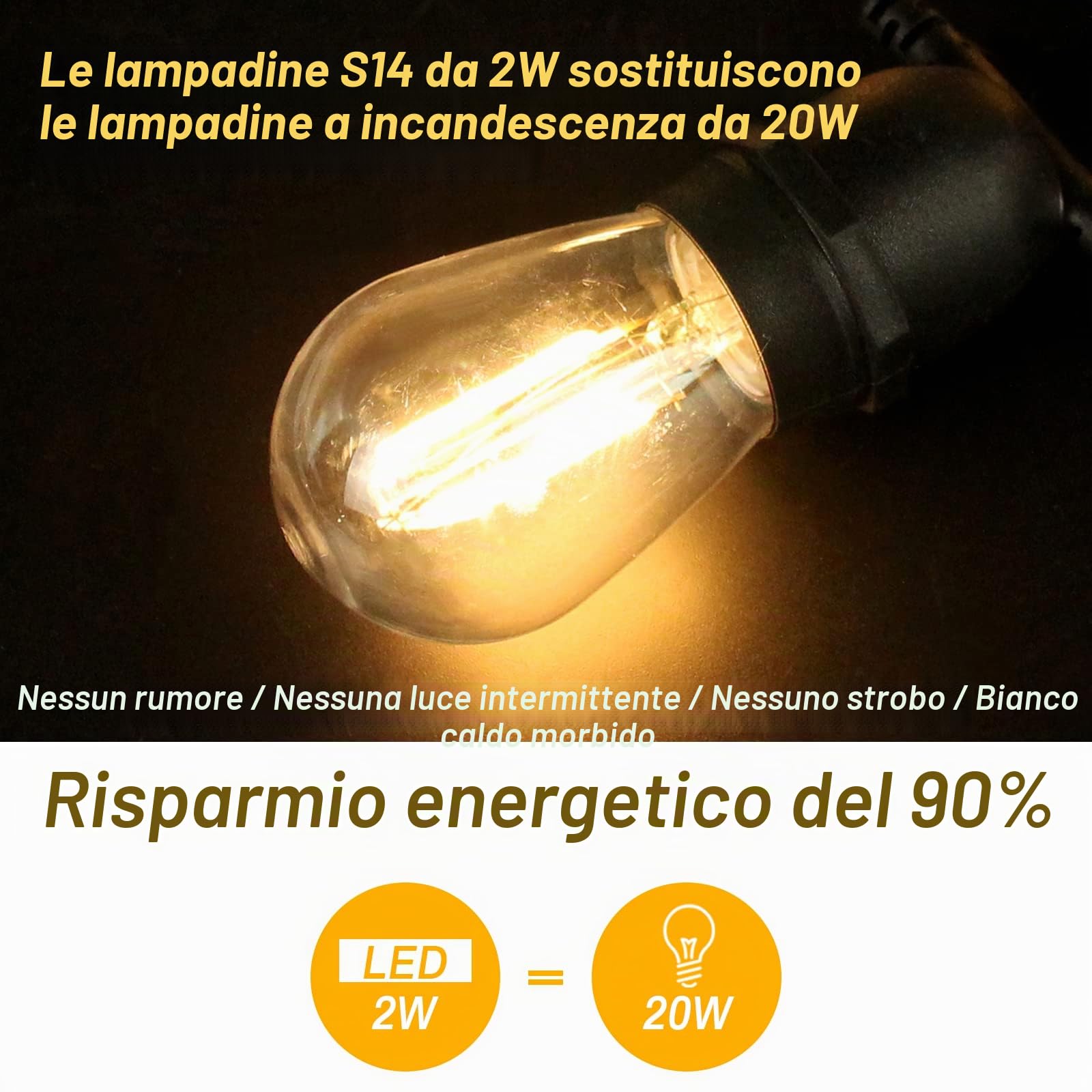 BRIMAX 25 pezzi Lampadina LED E27 S14, Bianco Caldo 2700K 2W 180LM | 230V, vetro trasparente, per stringhe luminose, interni ed esterni, terrazzo, giardino, soggiorno, camera