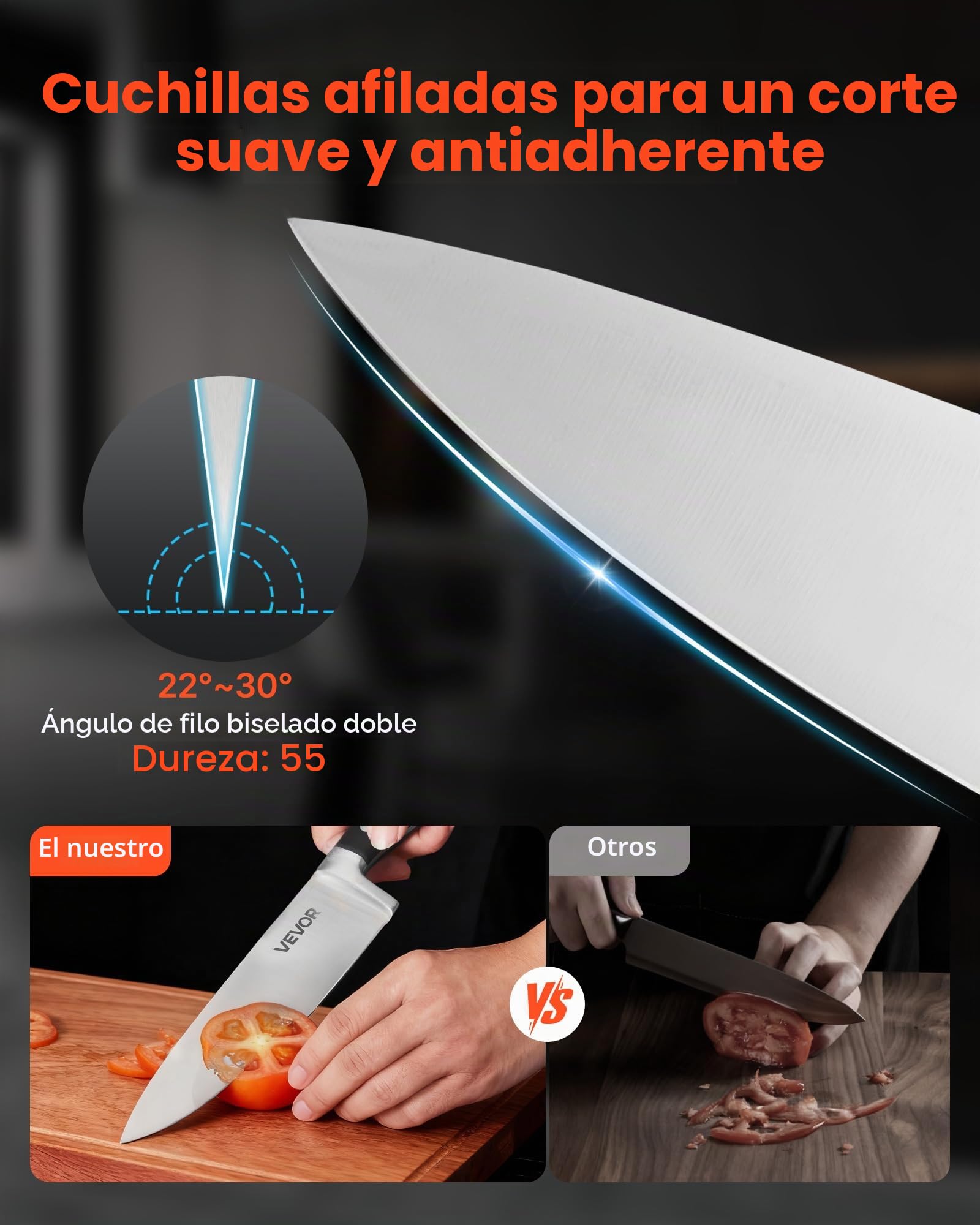 VEVOR Juego de Cuchillos de Cocina, con Bloque de Madera y Afilador, con Cuchillos Afilados de Acero Inoxidable de Alto Carbono, con Mango Resistente a Roturas, para Cocineros Aficionados, 15 uds