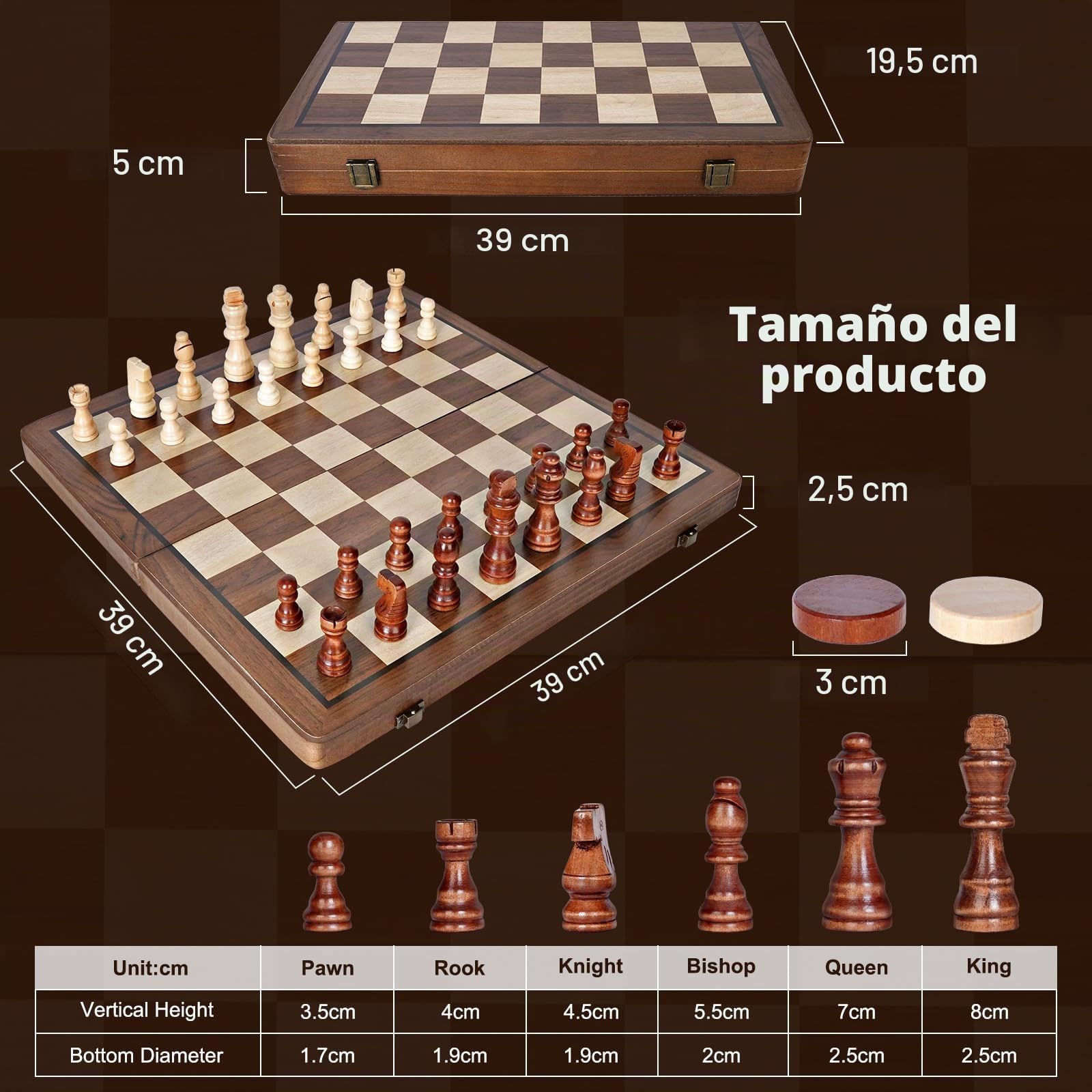 Ajedrez Magnetico Plegable, 2 en 1 Ajedrez Madera 39×39 cm Tablero de Magnetic Chess Game, Chess Set Damas Juego de Mesa con Bolsa de Almacenamiento, Juego para Viaje y Fiesta