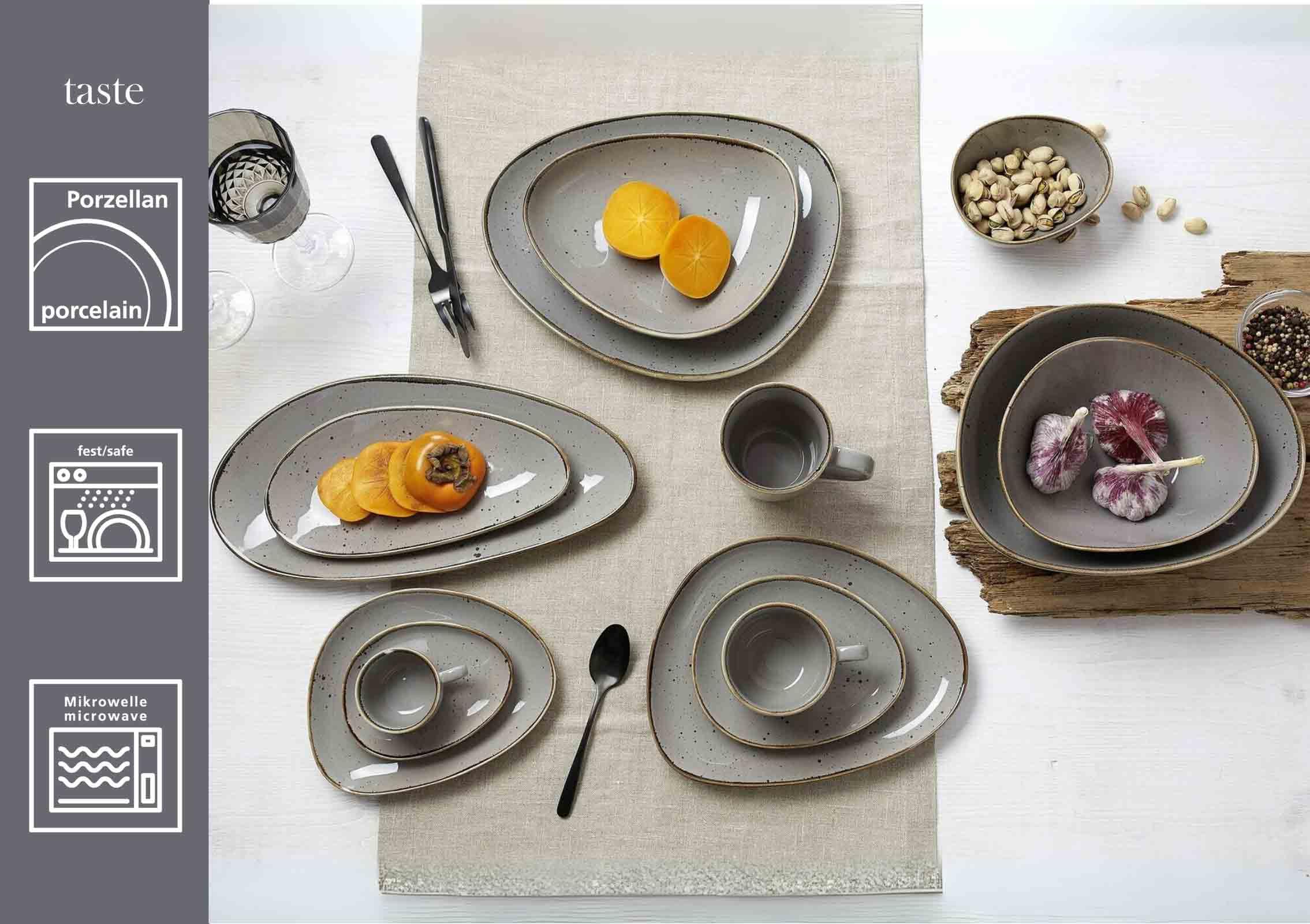 Ritzenhoff & Breker Taste Espressotassen mit Untertassen 6er Set | 95 ml | Geschirrset mit unregelmäßigen Farbkanten und Farbsprenkeln | Ovale Form | Porzellan, Spülmaschinengeeignet | Taupe