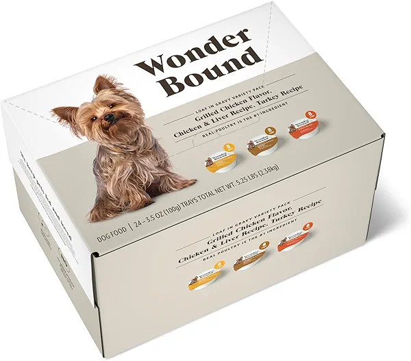 Amazon Brand - Wonder Bound Small Breed Wet Dog Food, Variety Pack (Grilled Chicken Flavor, Chicken & Liver Recipe, Turkey Recipe), Loaf in Gravy, 3.5 Ounce (Pack of 24)