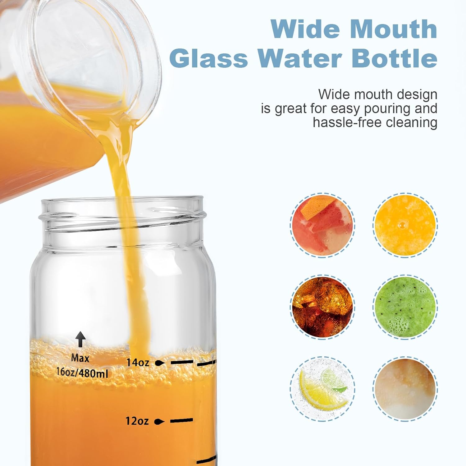 12oz Juice Bottles - 4 Pack Wide Mouth Glass Bottles with Lids- BPA Free, Stainless Steel Lids for Juicing, Smoothies, Infused Water, Beverage Storage - Leakproof, Borosilicate, Clear - Image 2