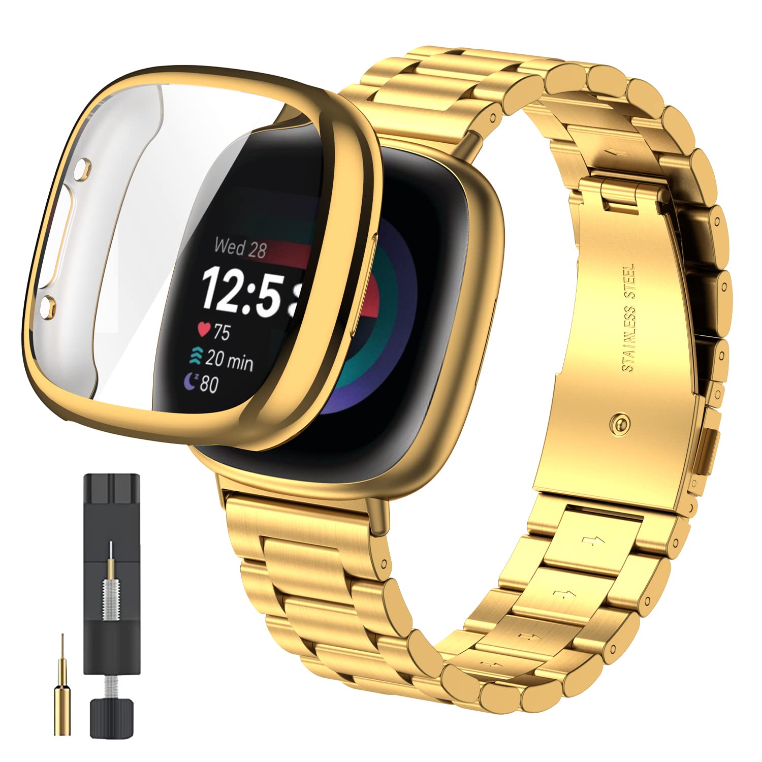 ZPJPPLX for Fitbit Versa 3 and Fitbit Sense Metal Quick Release Straps,Stainless Steel Band with Soft TPU Full Cover Protective Cases for Women Men,Gold