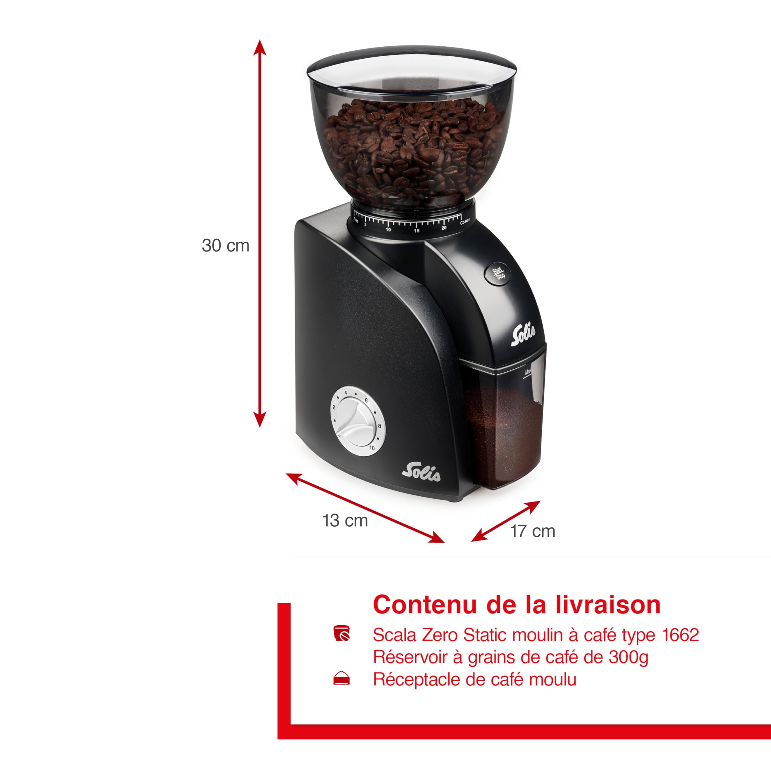 Solis Scala Zero Static 1662 Moulin à Café - Grinder Electrique - 24 Réglages de Mouture - Protection Contre le Café Statique - Noir