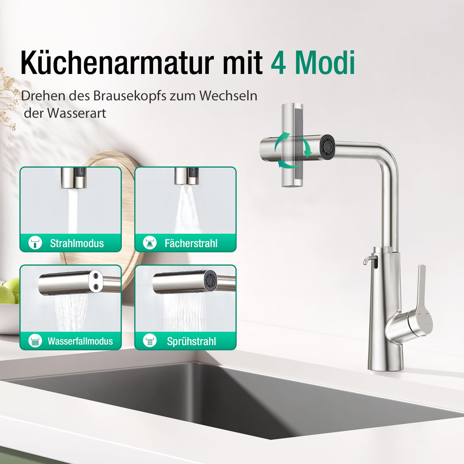 CREA Wasserfall Wasserhahn Küche Ausziehbar,Mischbatterie mit Seifenspender | 360° Drehbar Edelstahl Küchenarmatur mit 4 Strahlarten Brause,Einhebel küchenwasserhahn mit Seifenspender,Gebürstet