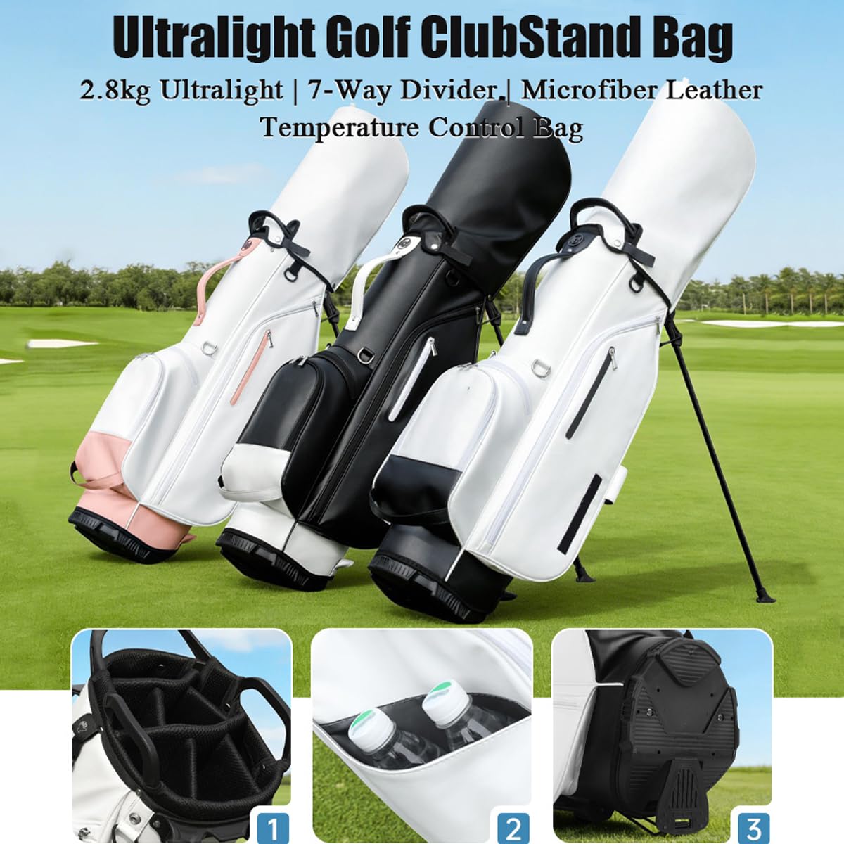 LANGWEI Golf-Standbag, Hochwertiges, Leichtes Golfbag Aus Mikrofaserleder Mit Ständer, 7-Fach Unterteiltes Schlägerbag Mit Gepolstertem Doppelgurt Für Die Driving Range