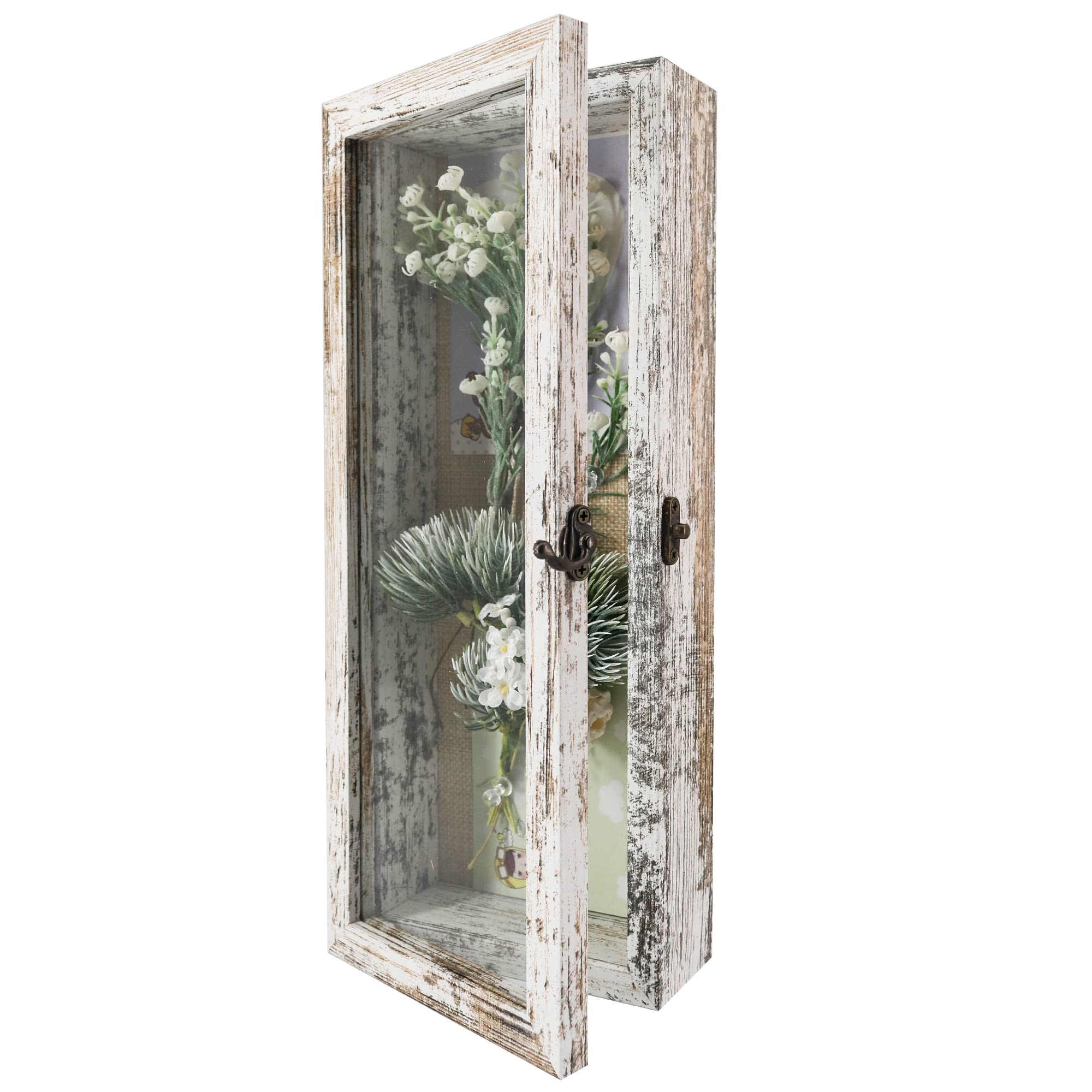 GraduationMall 5x12.5 Wood Shadow Box Frame Glass Door Display Case with Linen Back and 6 Stick Pins,1.5 inches Interior Depth,Ideal for Memorabilia Pictures Flowers Medals Tickets Rustic White