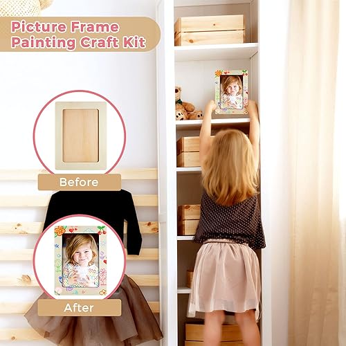 Miniatura 4 de Kit de manualidades de pintura de 7.9 x 5.9 pulgadas, marco de fotos de madera con 12 bolígrafos de color de pintura, 4 hojas de calcomanías de