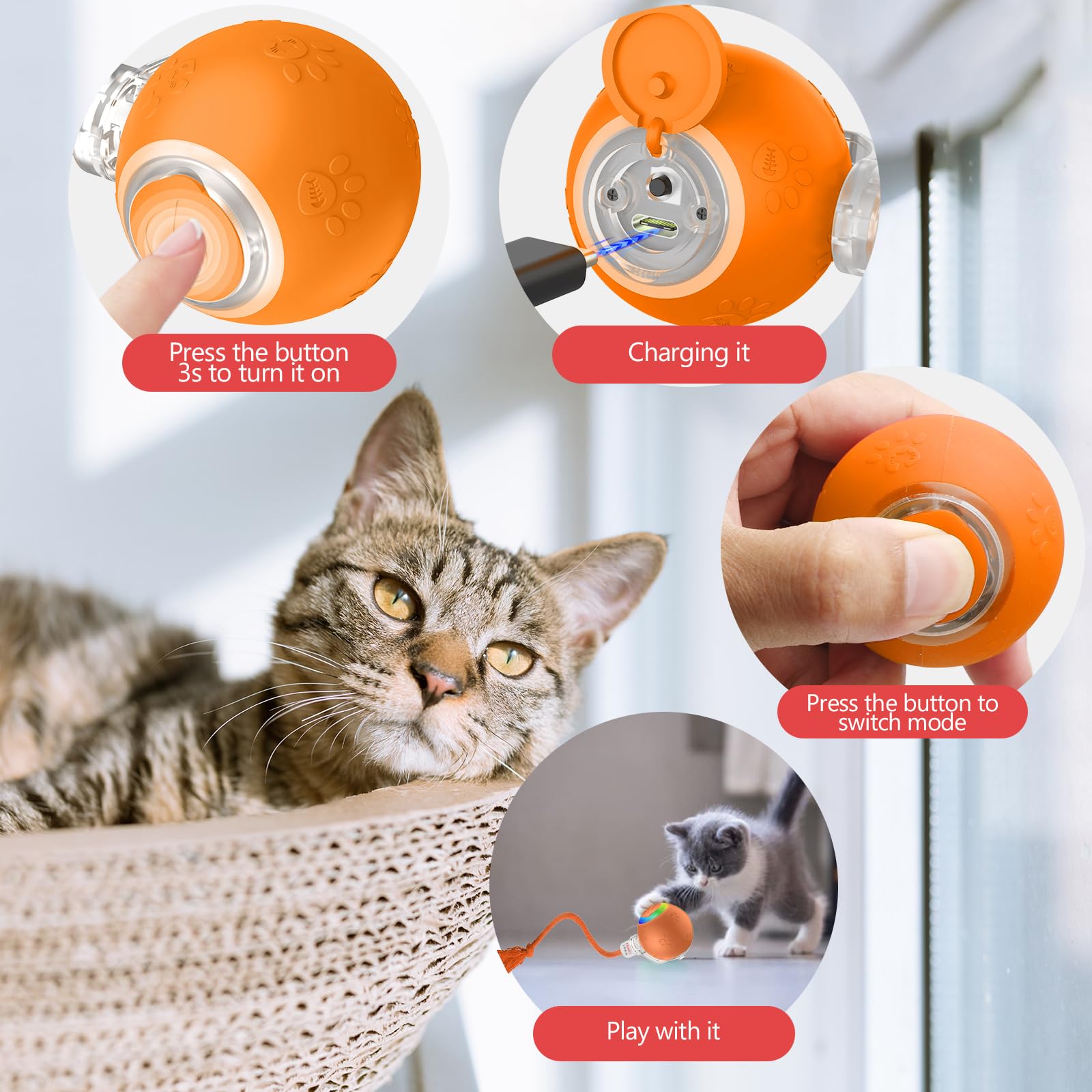 Juguetes interactivos para gatos de interior, rodar rápidamente en la alfombra, juguetes automáticos para gatos de interior aburridos, activado por movimiento