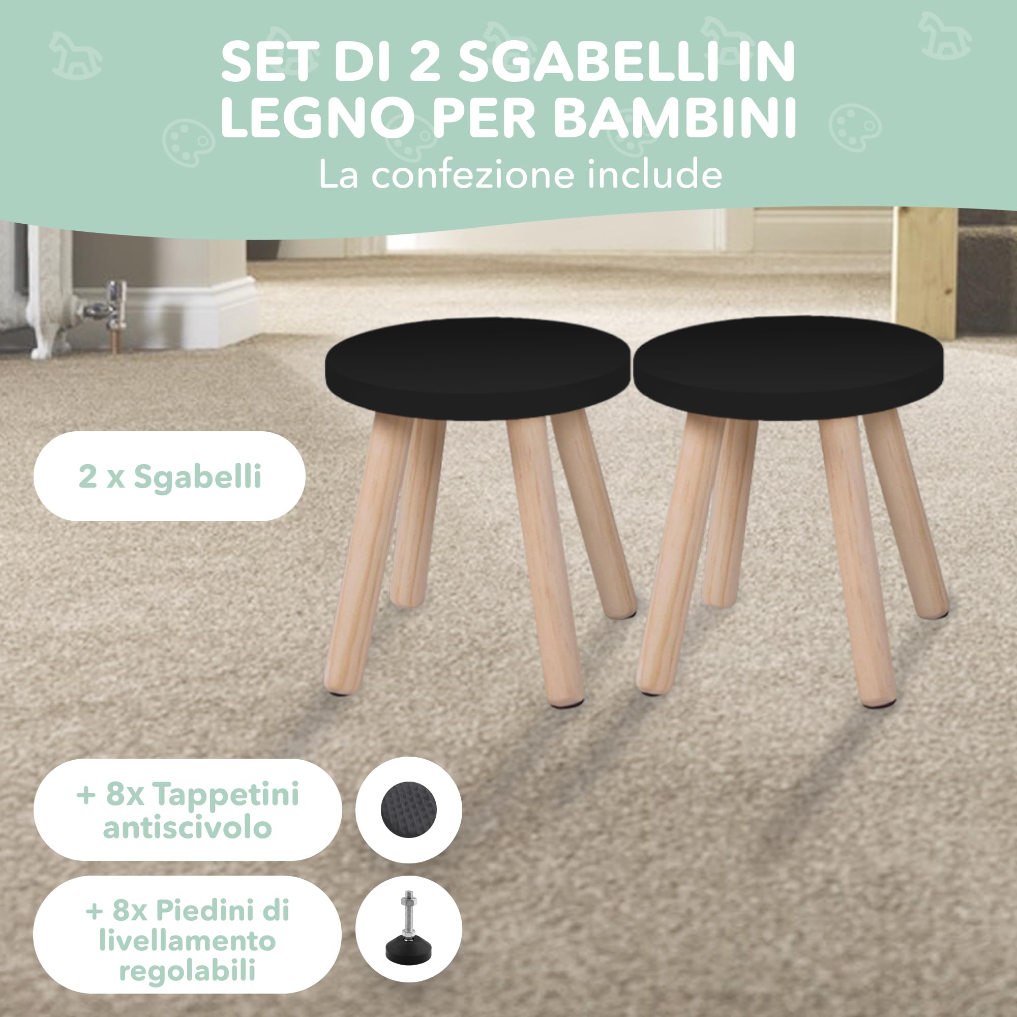 Cateam Montessori - Sgabello in legno, regolabile, con piedini antiscivolo, per bambini, per bagno, cucina e sala giochi, set da 2, colore: nero