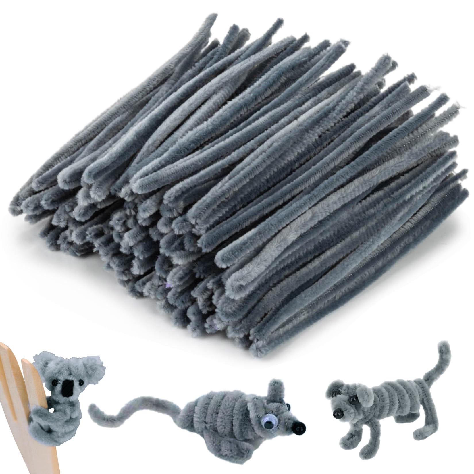 Pipe Cleaners Craft Supplies - 200 PCS Chenille Stems Fuzzy Craft Wire for Handicrafts Twisting Stick DIY for Craft Bouquets Animals Halloween Christmas Easter Birthday (Gray)