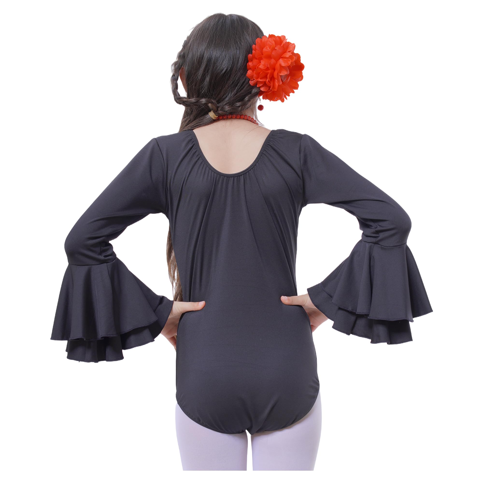 Carnavalife Body flamenco niña negro maillot danza manga larga con volante leotardo ballet gimnasia escote redondo