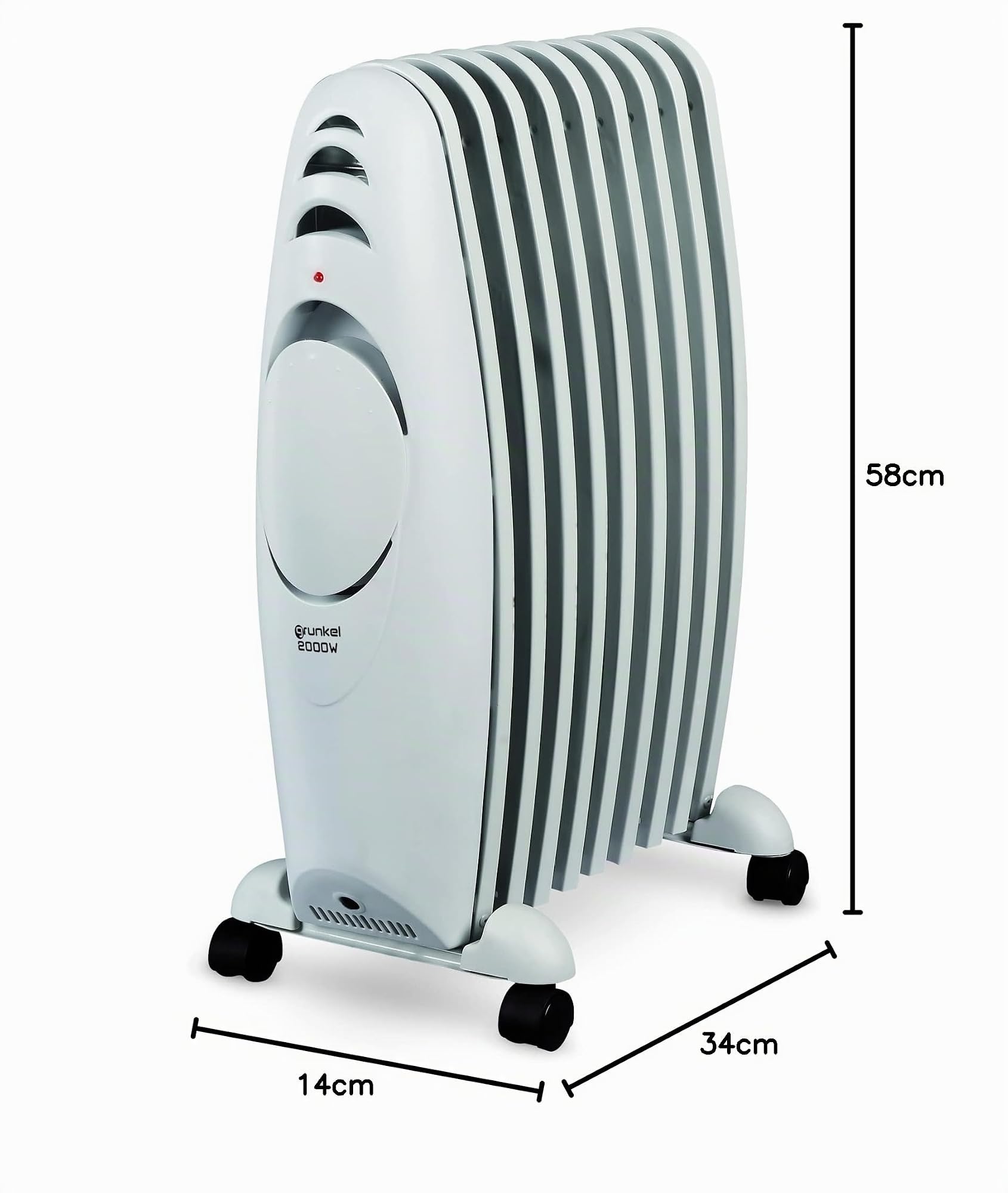 Grunkel - RAC-9EFIHEAT - Radiador de Aceite con 9 Elementos y 3 Niveles de Calor. con termostato Regulables y protección contra sobrecalentamiento. Base con Ruedas - Medidas: 34 x 14 x 58cm - 2000W